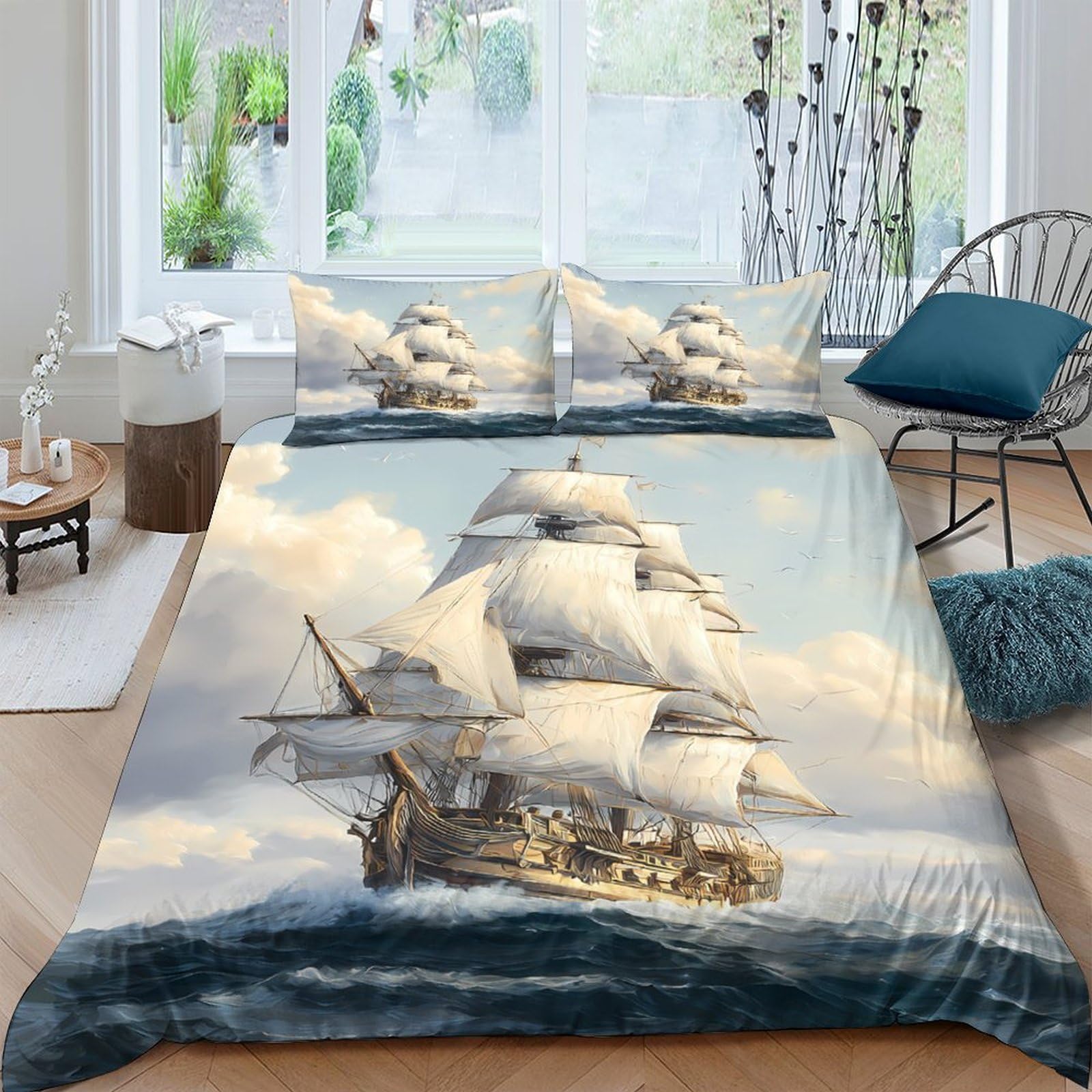Ctjqhvkz Style-2 3D Printed Vintage Sailing Ship Fitted Sheet Microfiber Soft Classic Ocean Bed Cover For Bedroom Guest Room Decor Single（135X200cm）