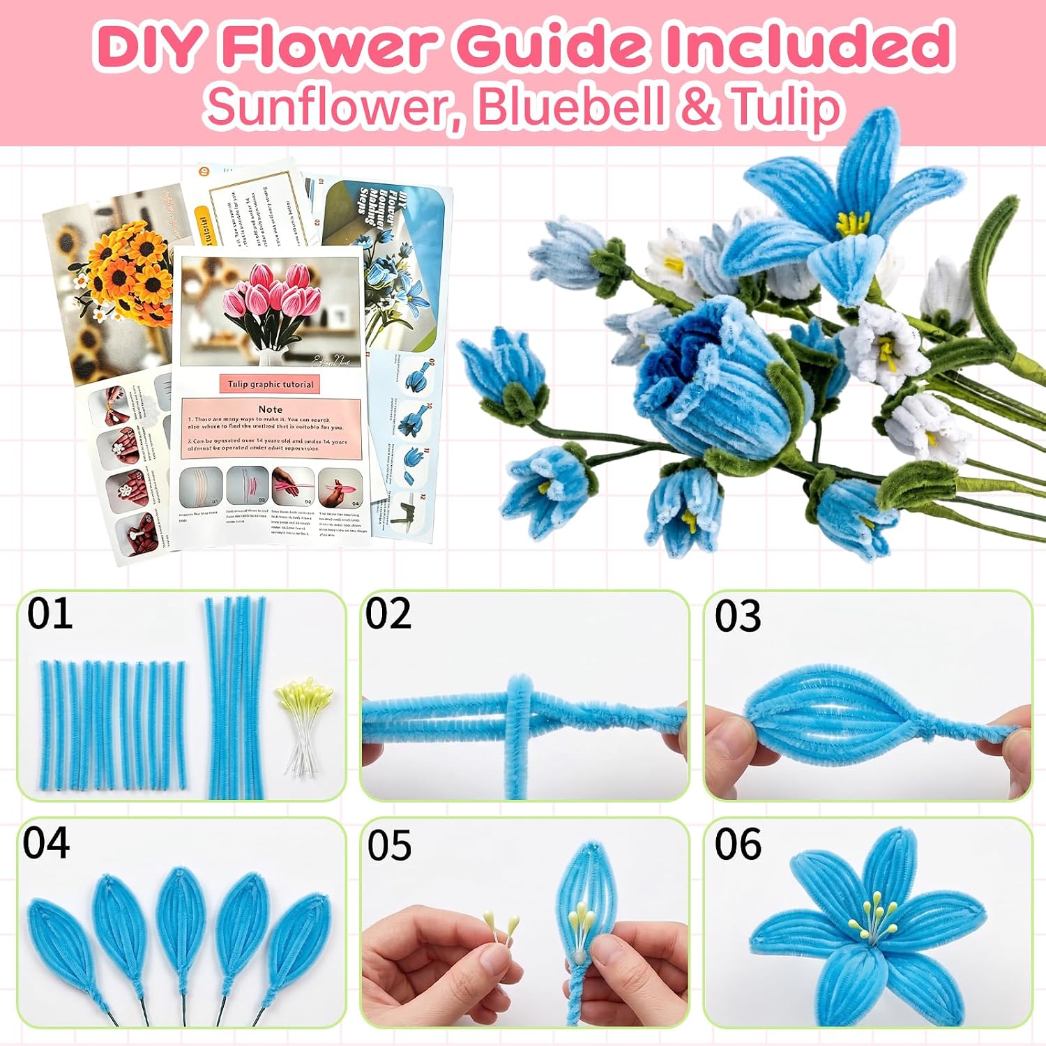 Roneenz 900 Pcs Pipe Cleaners Craft - Pipe Cleaners Flowers Kit with Handle, 9 Colors Chenille Stems Bulk for DIY Flower Making, Art and Craft Supplies