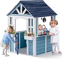 ROBUD Blue Wooden Outdoor Playhouse for Kids - Cottage with Sink, Stove, Cookware, Flowerpot Holders & Snack Bar
