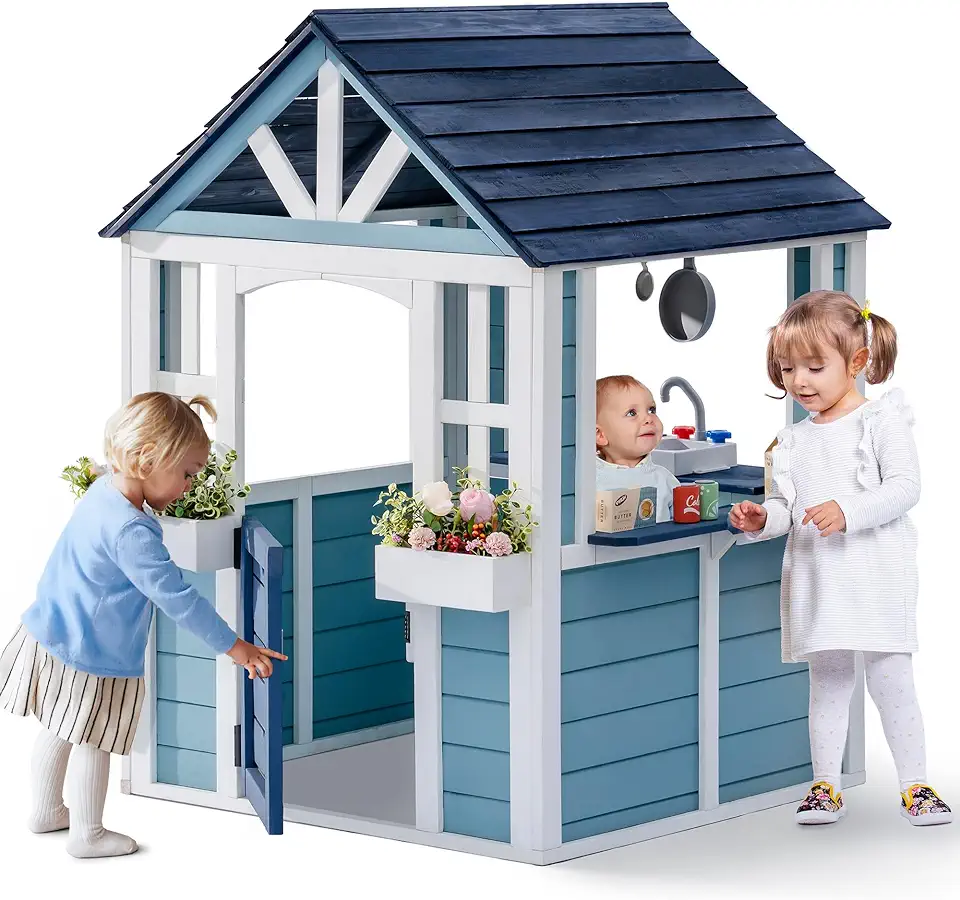 ROBUD Wooden Playhouse, Outdoor Kids Playhouse with Sink, Stove, Cookware, Flowerpot Holders, Snack Bar, Cottage Play House for Backyard, Blue