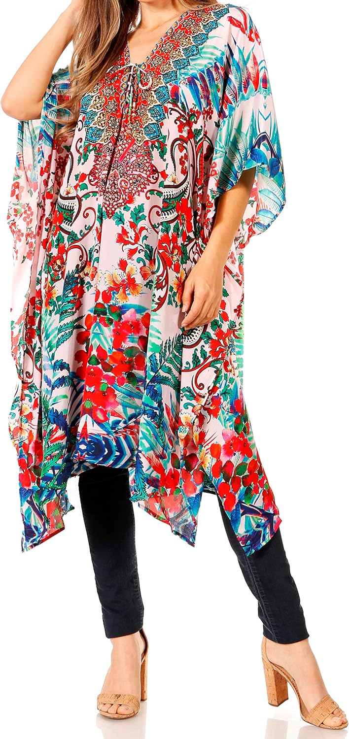 Sakkas Zeni Women's Short Sleeve V-Neck Summer Floral Print Caftan Dress Cover-up