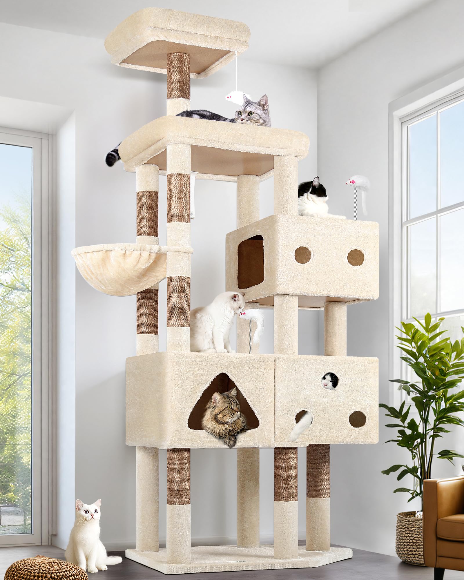 Globlazer Beige Rascador para Gatos Grandes XXL 207 cm con 3 Divertido Nidos Grande 45 * 35cm, Plataforma Amplio, Perchas, Cesta, Enorme Arbol Rascador para 4-5 Gatos Adultos Interiores (F81, Beige)