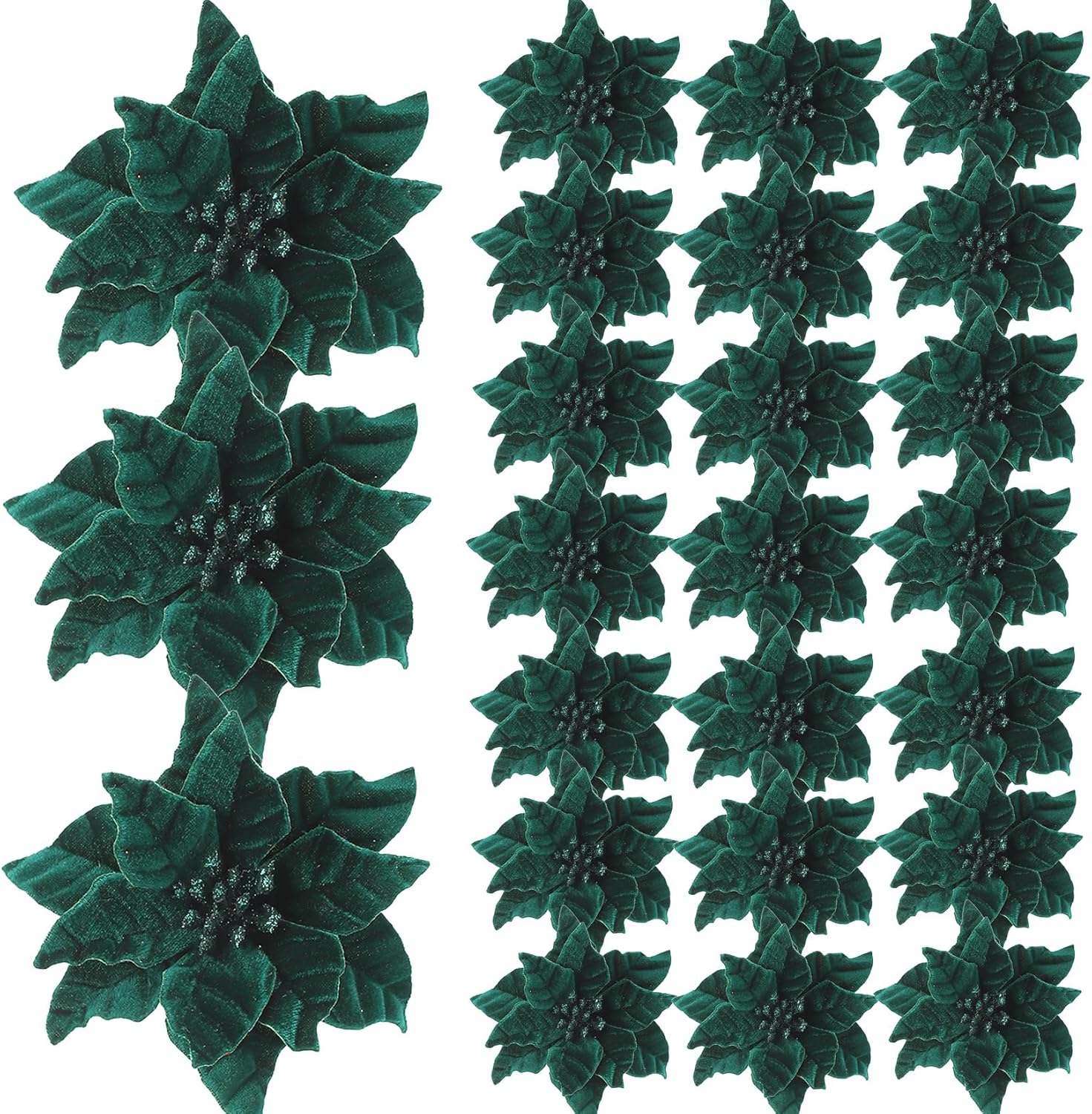 24 Pcs Poinsettia Flowers Artificial, 6.3 in Large Velvet Christmas Flowers with Stems, Floral Picks for Christmas Tree Wreath Garland Ornaments Wedding Decor, Dark Green Dark green Dark Green