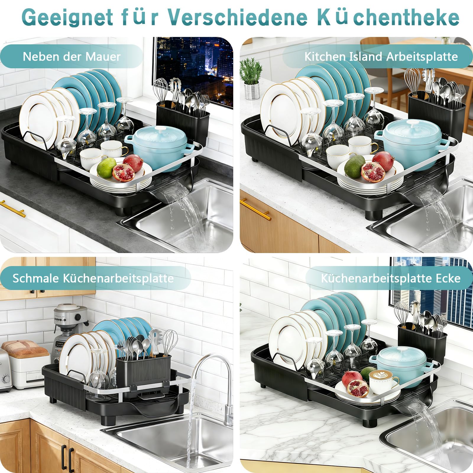 PurKeep Escurreplatos extensible con soporte para cubiertos, color negro | Escurreplatos con bandeja de goteo para platos, tazas, cubiertos, escurreplatos para ahorrar espacio, color negro