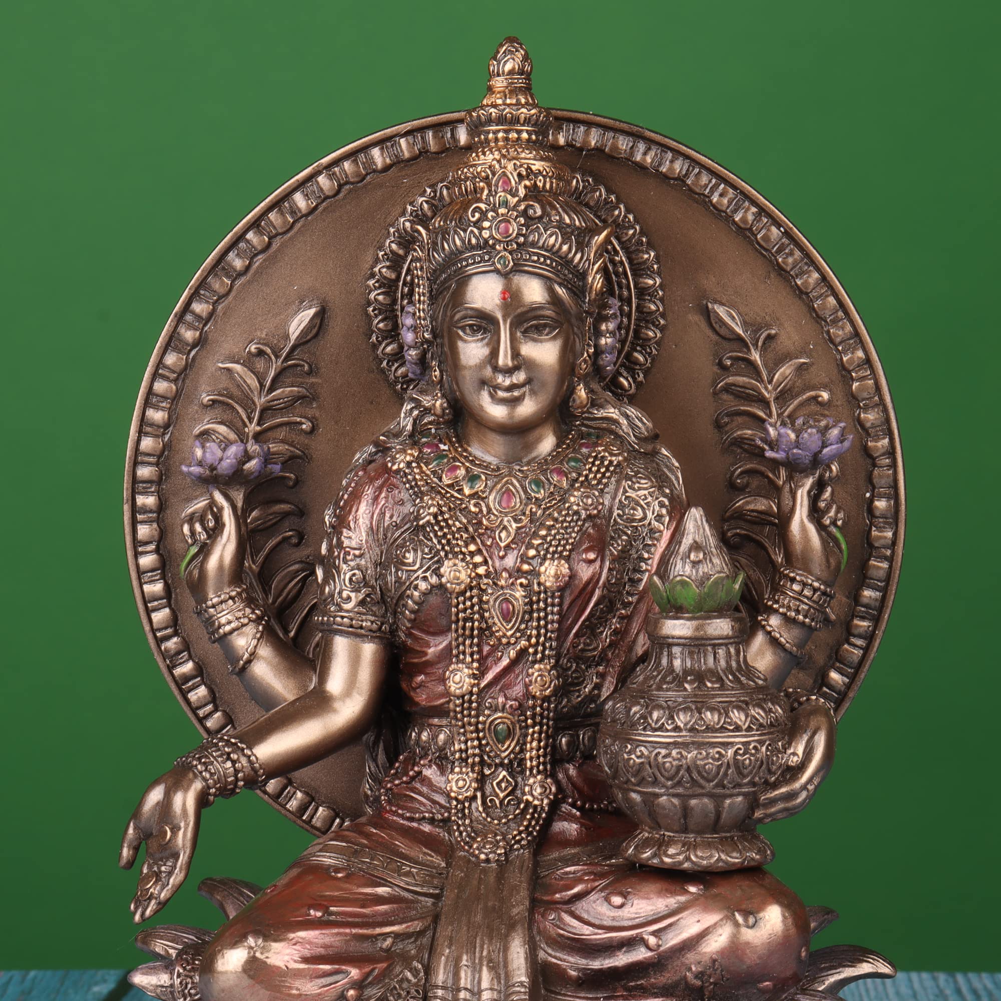Sitting Lakshmi Statue, 8" Inch Big Maa Sri Laxmi Idol on Lotus, Hindu Mother Goddess of Abundance, Prosperity, Fortune, Wealth & Beauty.