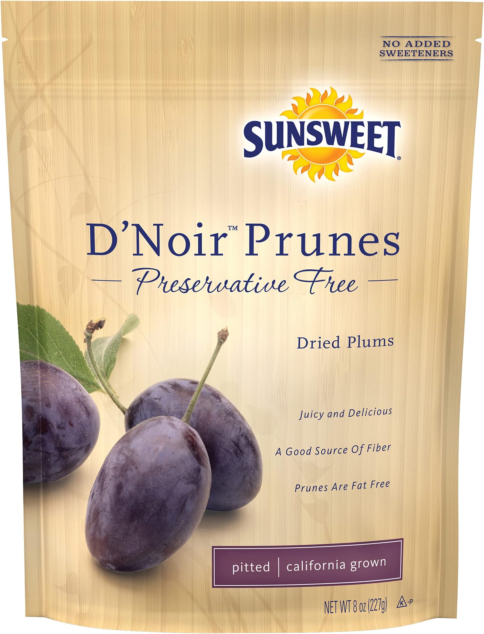 D'Noir Preservative Free Prunes - Prunes Pitted Unsweetened & Dried - Gluten Free, Vegan, Low Fat, Unsulphured - Dietary Fiber & Natural Minerals - 8 oz Pouch x 6 Pack