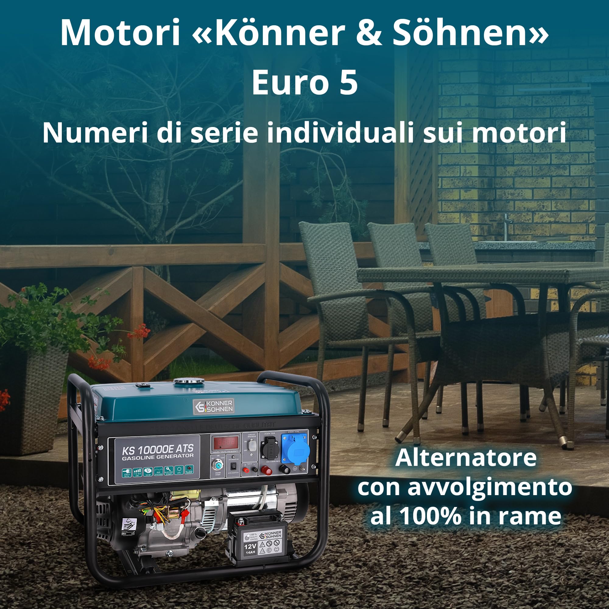Generatore di corrente Könner & Söhnen KS 10000E ATS - generatore benzina Motore 4 tempi con avviamento elettrico, regolatore automatico di tensione 230V, alimentazione automatica di emergenza, 8KW