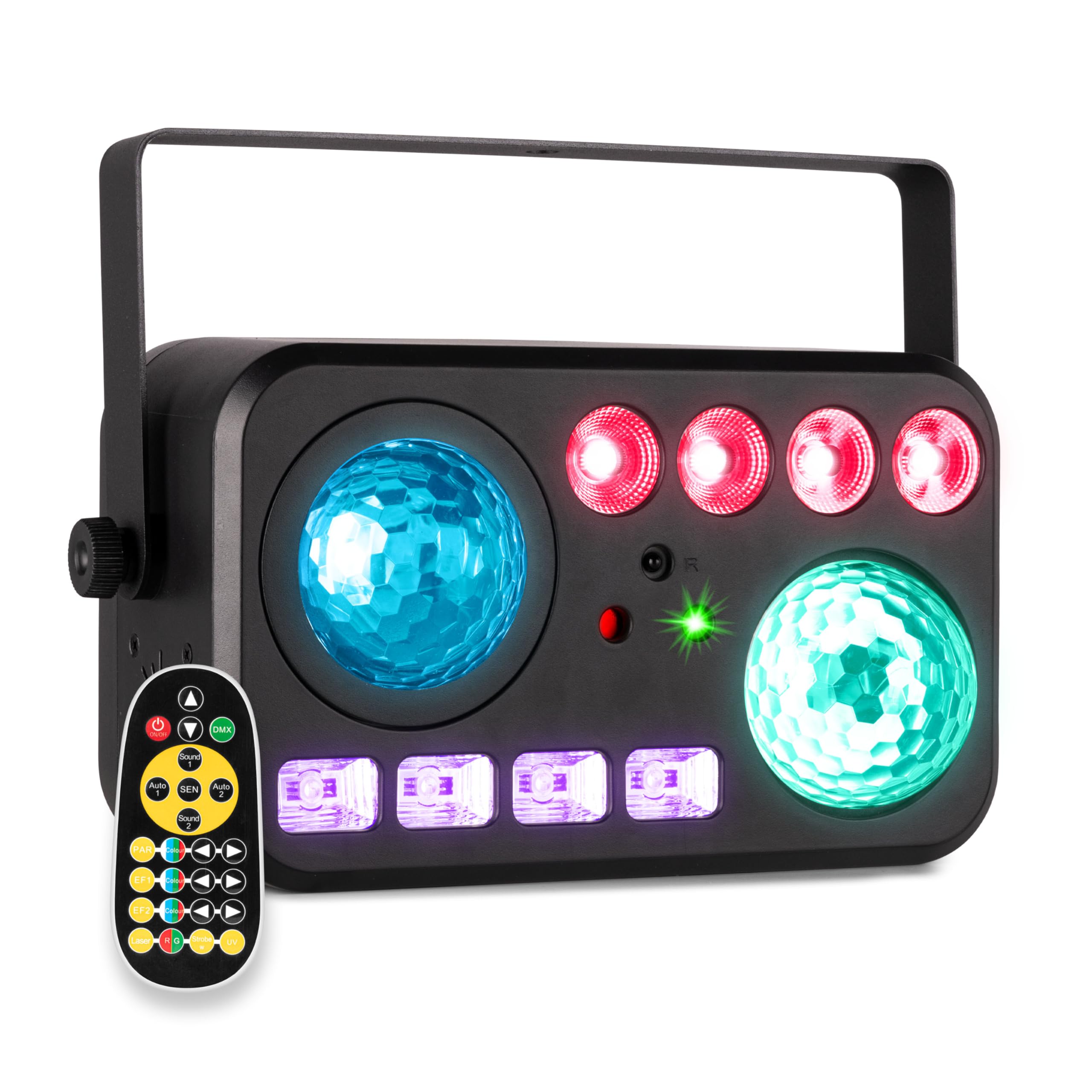 BeamZ Shimmer6 Discolicht Partylicht – 6-in-1 LED Effekt mit Jelly Ball, Welleneffekt, Stroboskop & UV – Musikgesteuert mit DMX & Fernbedienung, Bühnenbeleuchtung für Disco & Partys