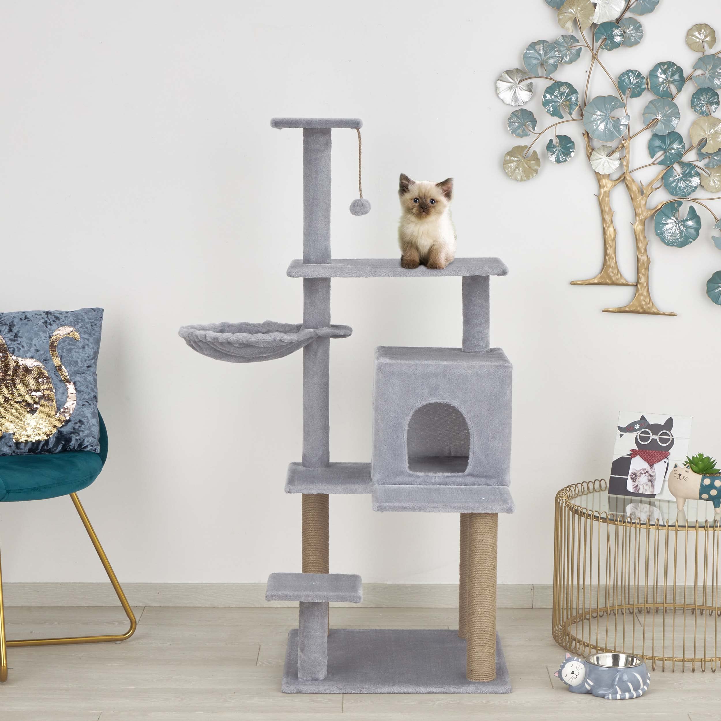 Baroni Home Tiragraffi ad Albero per Gatti, Tiragraffi per Gatti e Gattini, 4 Piani con Palla, Amaca e Cuccia Rettangolare, 45x45x122 cm, Grigio