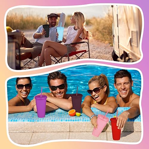 Vista 96 de Paquete de 24 vasos de plástico con tapas y popote, vasos reutilizables con tapas y pajillas, vasos coloridos para bebidas frías, café helado, vasos