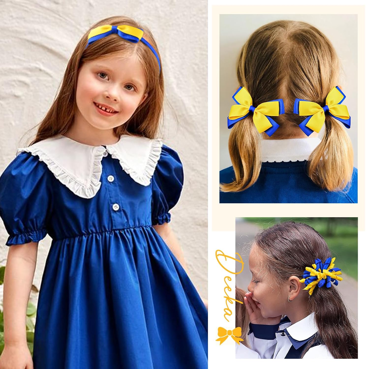DEEKA 13 PCS Uniform Hair Accessories Set Yellow & Royal Blue Hair Bows Hair Clips Headband Hair Ties Curly Korker Bows for Little Toddler School Girls
