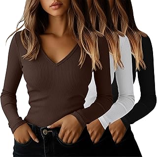 3 Pack Women's Long Sleeve T Shirts Cotton V Neck Slim Fit Tops Ribbed Knit Layering Casual Basic Tees Fall