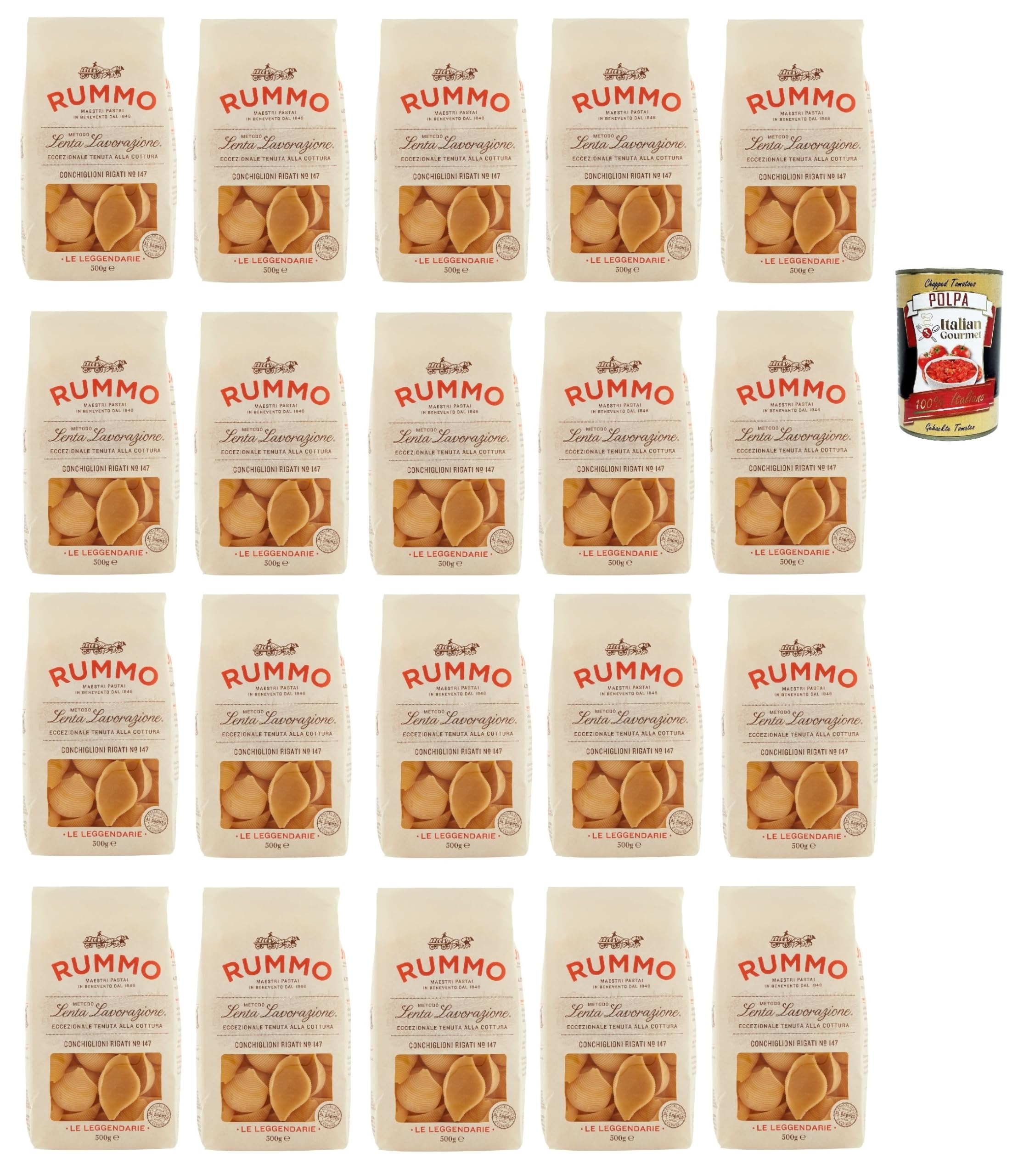 Italian Gourmet Conchiglioni Rigati n.147 Pasta 20 x 500g aus Italien | Trafilata al bronzo e lenta lavorazione, Hartweizengrieß für Ofenrezepte e, Gesamtnettogewicht 10 kg + Kostenlos Polpa 400g