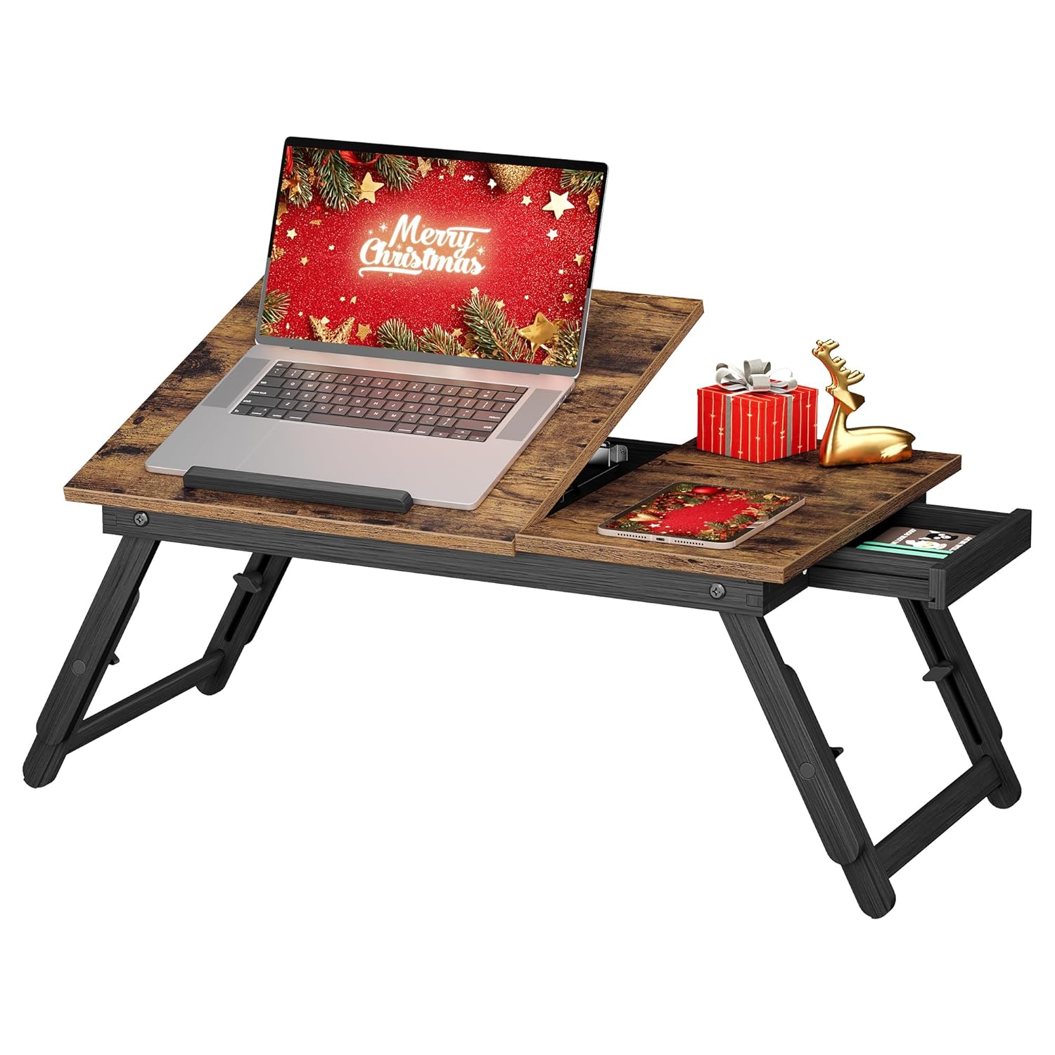 SONGMICS Bed Laptop Desk, Folding Bed Tray for Laptop up to 15.6 Inches, Adjustable Angle and Height, Portable for Working Reading Writing Breakfast, Bamboo Legs, Drawer, Rustic Brown ULLD105B01