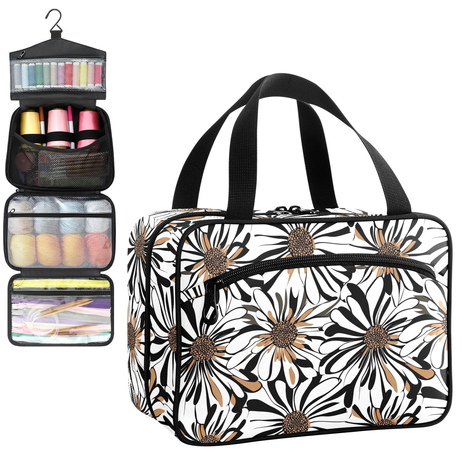 YNNALE Sewing Supply Organizer Bag, Boho Black and Brown Flowers Portable Sewing Bags with Pockets&Hanger, Sewing Storage Box Case for Sew Supplies/Kit/Tools/Accessories (BAG ONLY)