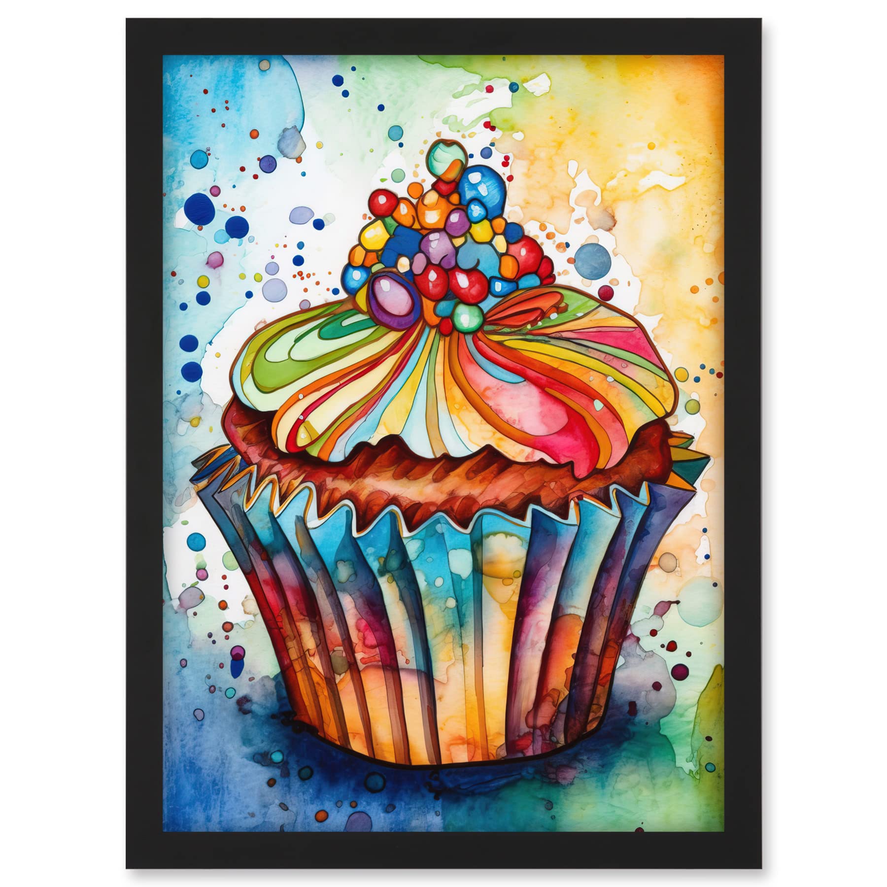 Artery8 Cupcake With Sprinkles Vibrant Watercolour Painting Artwork Framed A3 Wall Art Print