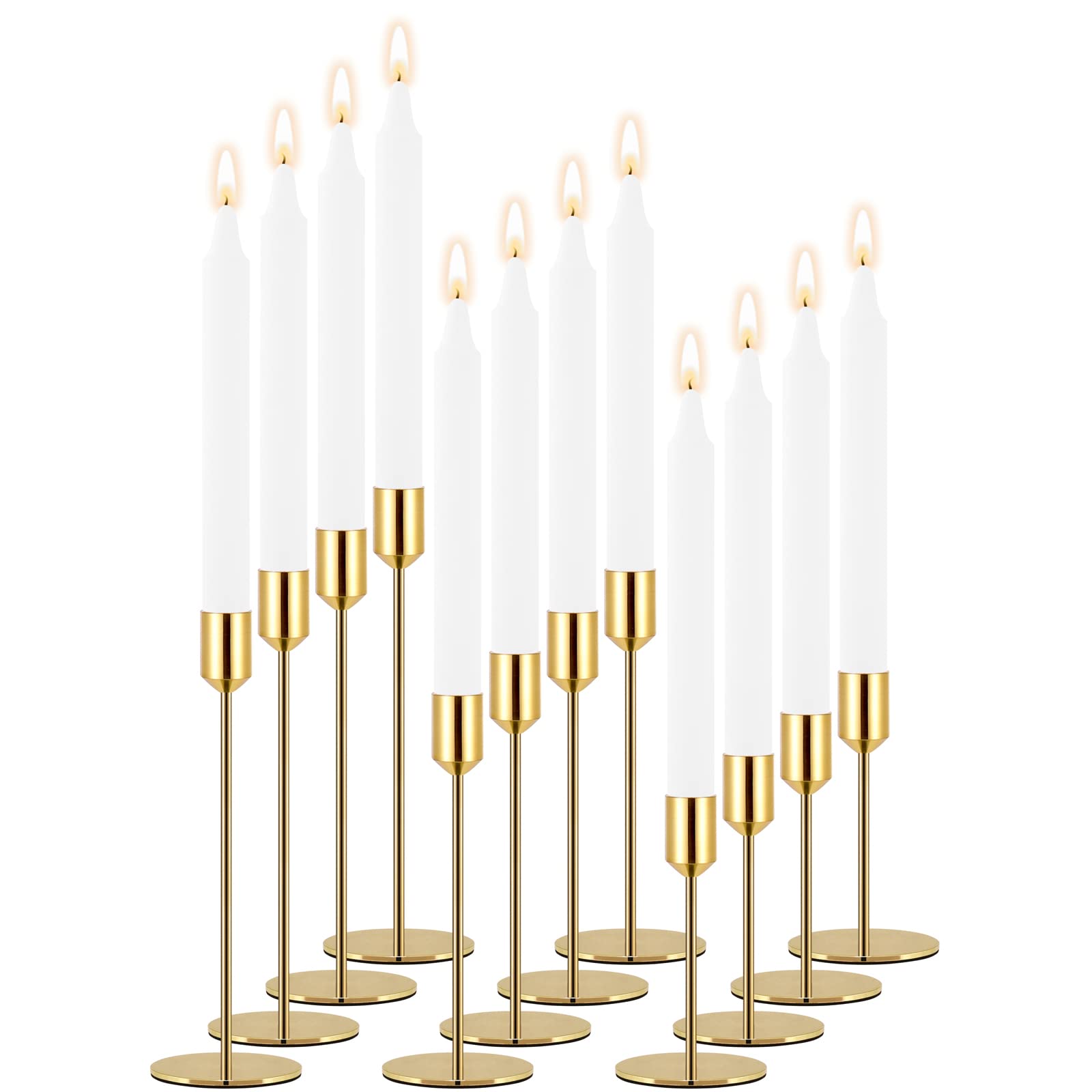 Kerzenhalter Set mit 12 goldfarbenen Kerzenhaltern aus Metall für Hochzeitstische, Tafelaufsätze, Heimdekoration, Abendessen, Party, Jahrestag (Kerzen nicht im Lieferumfang enthalten)