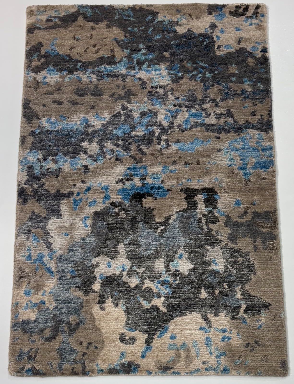 Tapis brillant, fait à la main, 60 x 90 cm, bleu, gris, multicolore, soie de bambou, R121