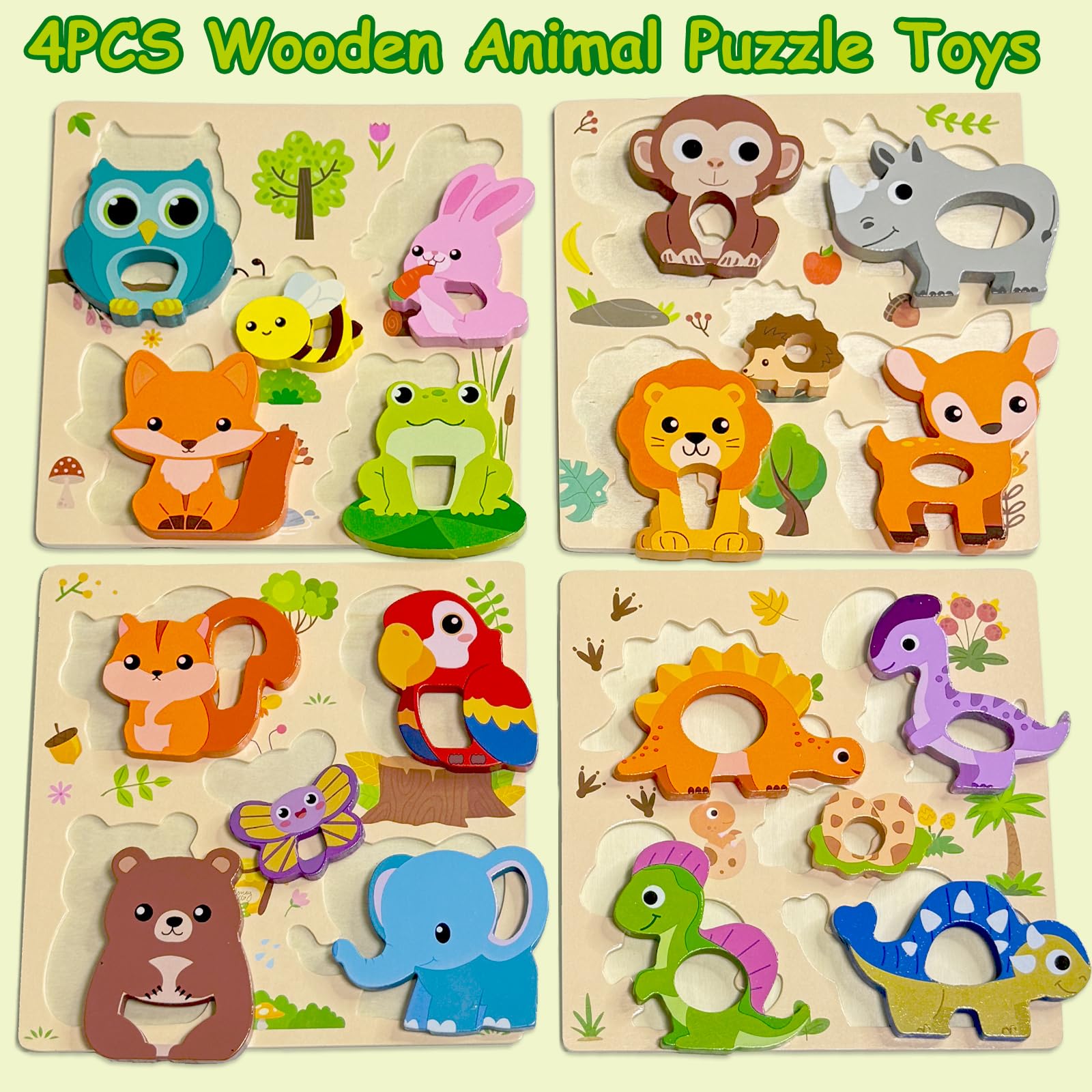 Puzzle en Bois Bebe 1 an 4 Pièces Animaux Montessori Jouet Educatif pour Enfant