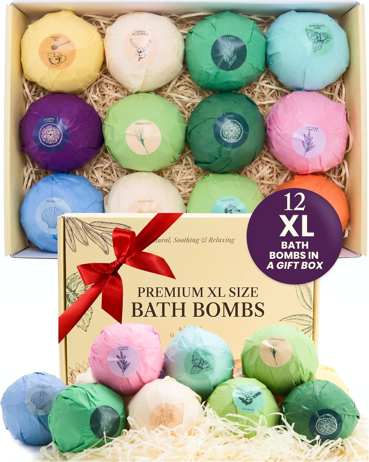 ADELEGOURDAIN Bath Bombs Set XL, Pack of 12 Pcs Gift Set for Women - 5.29oz Bath Bombs for a Soft Skin Feel, Spa Gift Set for Birthday, Girlfriend or Mothers Day, Gift Box Idea for Her, 150 gr Each