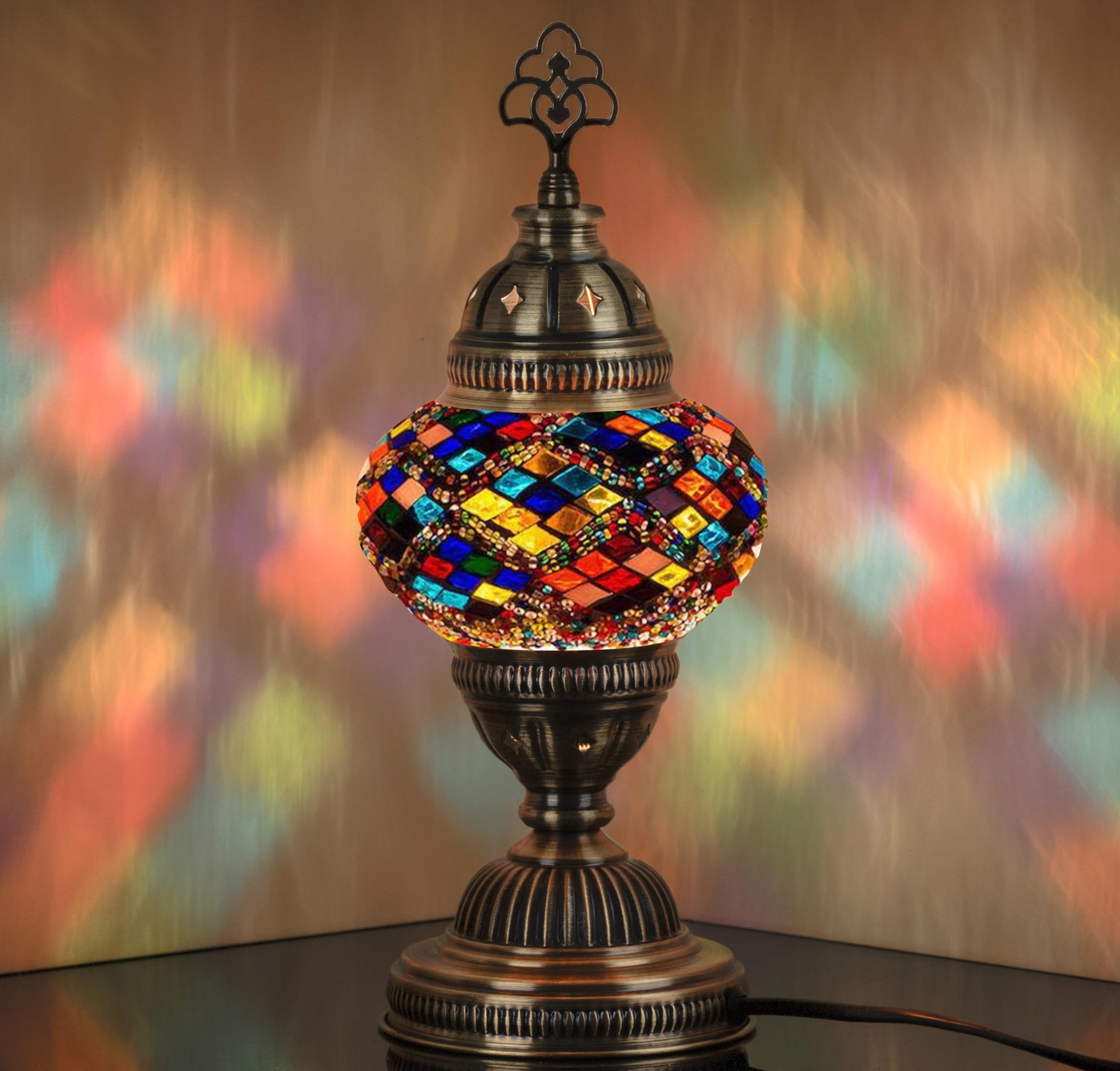 DEMMEX Handmade Colorful Mosaic Glass Table Desk Bedside Lamp Lampshade with Antique Brass Base, Small 30cm H (Multicolor)