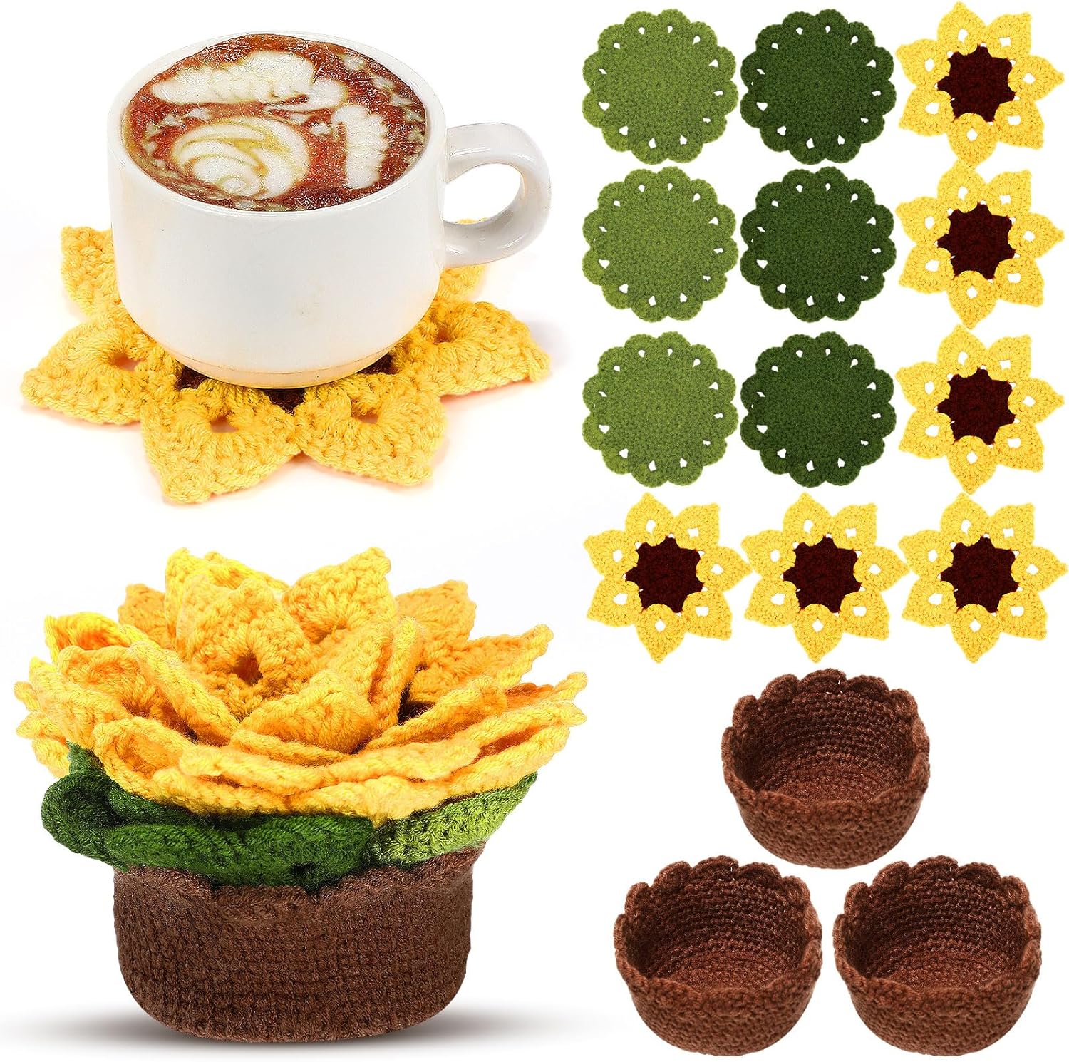 HunnmingRe 15-Pc 3D Crochet Sunflower Coasters Set with Plant Pot Holders - Cute Yellow Floral Table Mats, Housewarming Gift