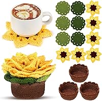 HunnmingRe 15-Pc 3D Crochet Sunflower Coasters Set with Plant Pot Holders - Cute Yellow Floral Table Mats, Housewarming Gift