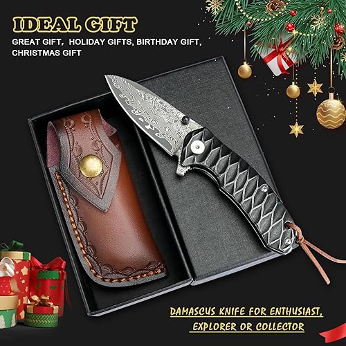 Miniatura 7 de AUBEY Cuchillo de bolsillo de Damasco para hombre, cuchillo plegable de acero de Damasco VG10 forjado de 2.95 pulgadas con funda, hoja de gota de