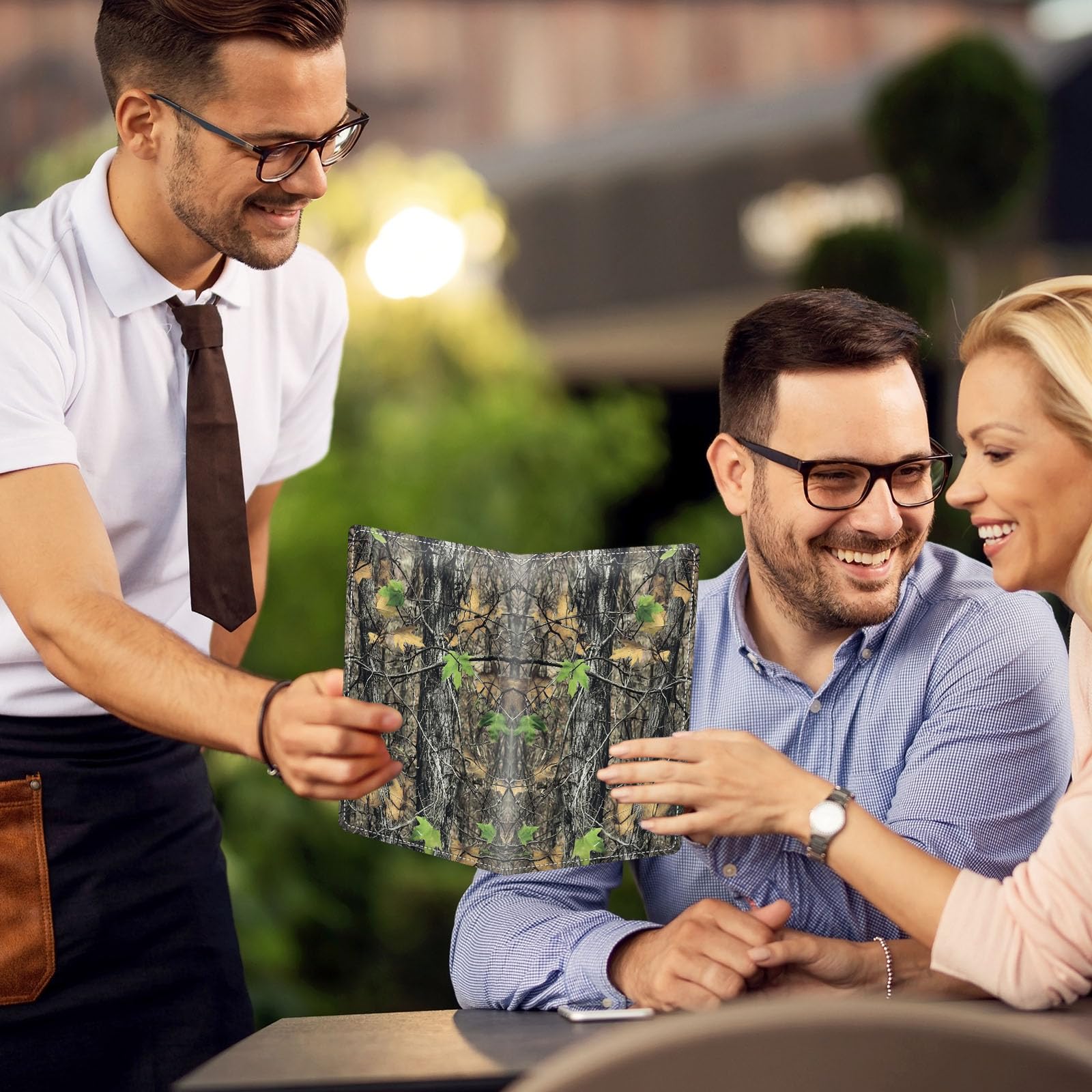 KUJKBFWJ Server Books for Waitress - Cute Server Guest Book with Zipper Pocket & Note Pad Holder | PU Leather Waiter Book Organizer, Apron-Compatible Server Wallet, Camo Tree