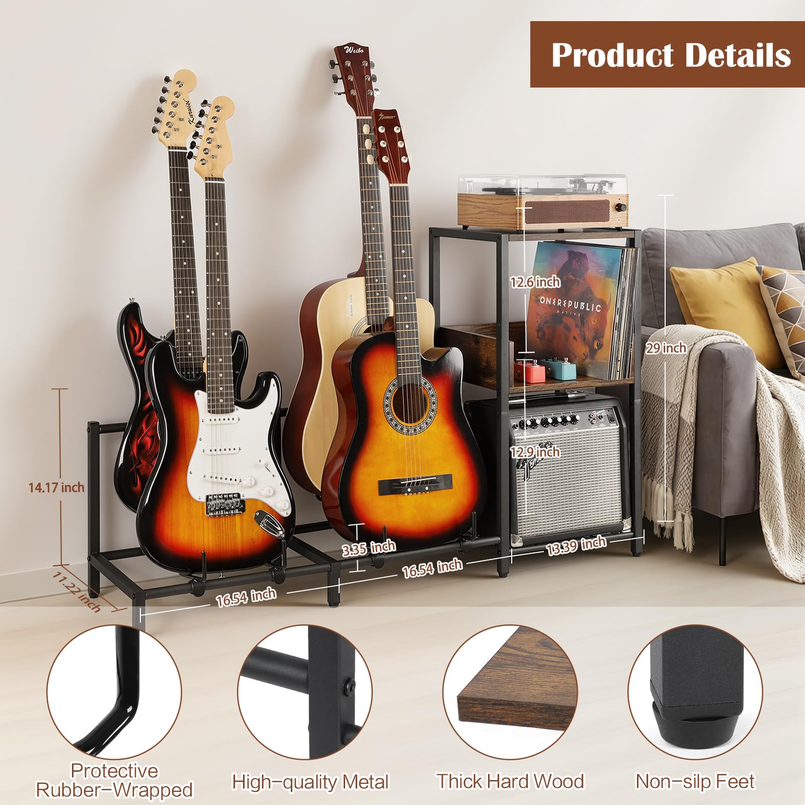 MAHANCRIS Gitaarstandaard, 2-Laags Gitaarstandaard voor 5 Gitaren, Akoestische Gitaar, Elektrische Gitaar, Bas, Ukelele, Draaitafelstandaard, met Standaard voor Gitaaraccessoires, Grijs AGSHG6501 MAHANCRIS Gitaarstandaard, 2-Laags Gitaarstandaard voor 5 Gitaren, Akoestische Gitaar, Elektrische Gitaar, Bas, Ukelele, Draaitafelstandaard, met Standaard voor Gitaaraccessoires, Grijs AGSHG6501