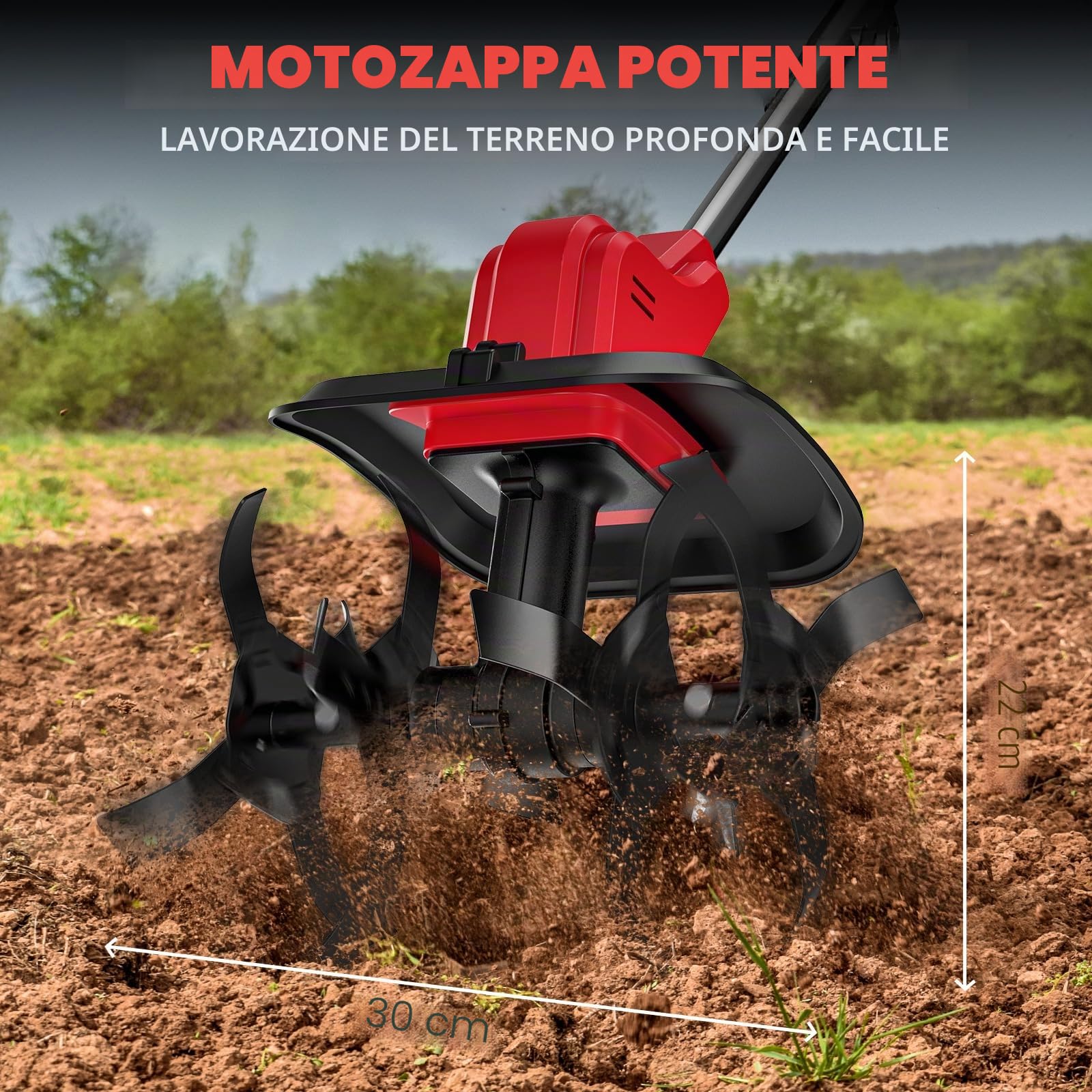 Motozappa Elettrica, Motozappa a Batteria con 2 x 4.0Ah Batteria, 3 Tipi di Lama, Display LED e Interruttore a Doppia Sicurezza, Larghezza 30 cm e Profondità 22 cm, per Giardinaggio e Coltivate