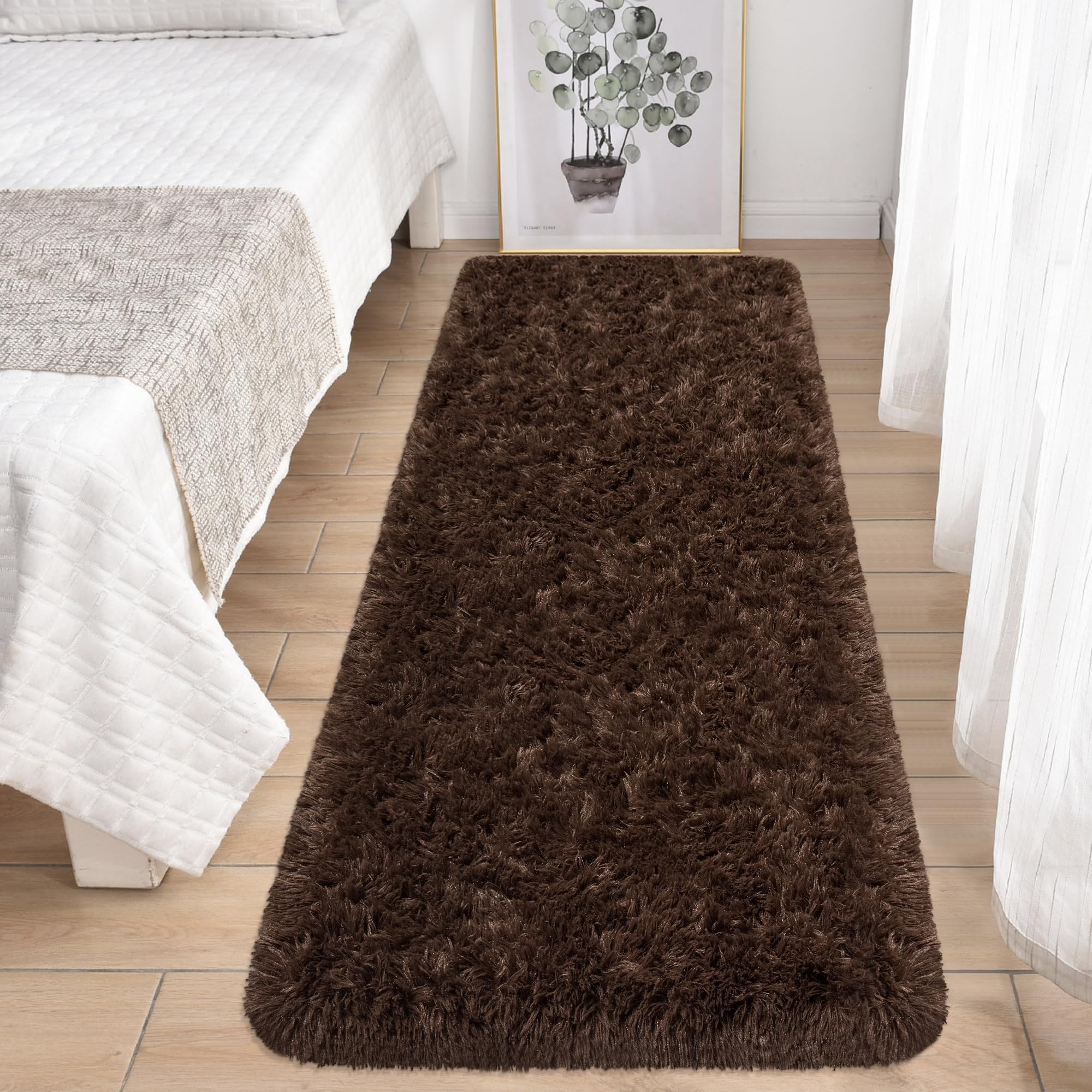 Runner Rug for Bedroom 2x6 Brown Fluffy Shaggy Rug Soft Plush Fuzzy Area Rug Bedside Runners for Hallway Kids Nursery Dorm Playroom Living Room with