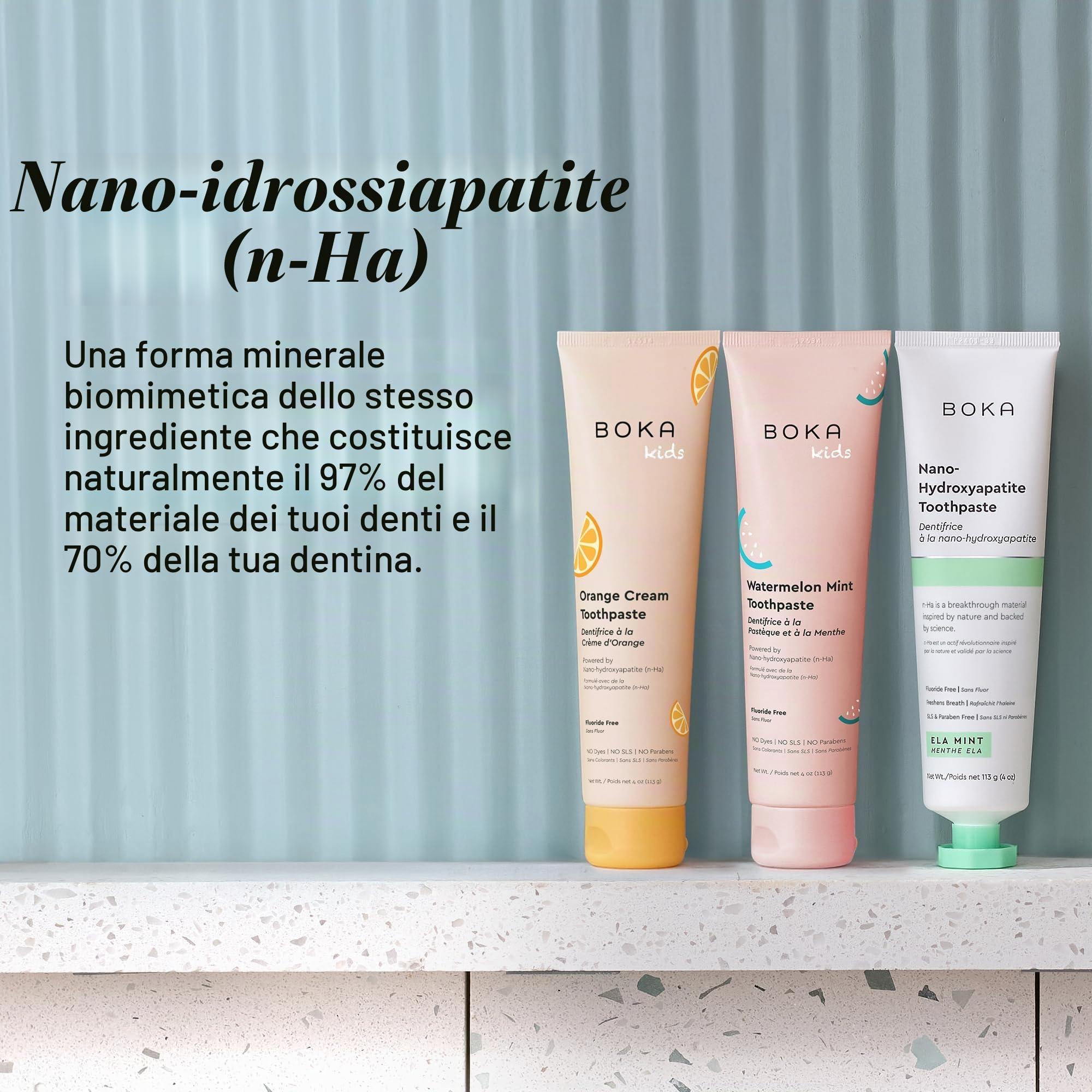 Boka Dentifricio nano idrossiapatite senza fluoro, aiuta a rimineralizzare, adatto per denti sensibili, sbiancamento - per adulti, bambini igiene orale - menta Ela, crema all'arancia, sapore di menta