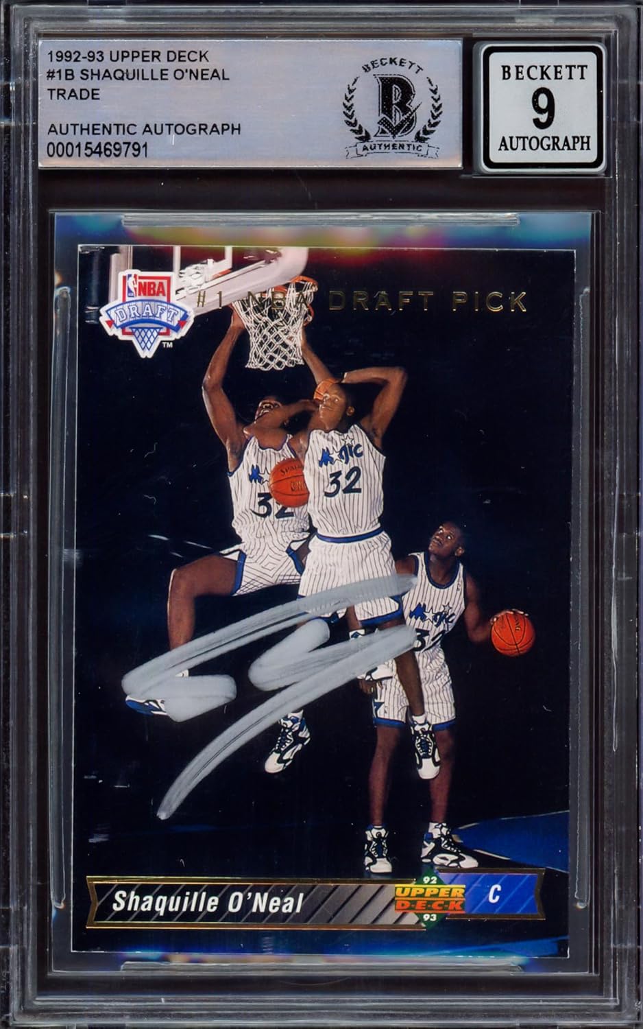 Shaquille "Shaq" O'Neal Autographed 1992 U.p.p.e.r D.e.c.k Rookie Basketball Card #1B Auto Grade Mint 9 Beckett BAS Stock #213276