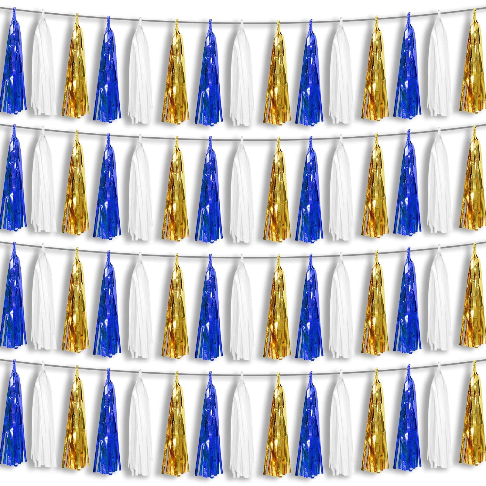 4P Navy-Blue White-Gold Foil Fringe Metallic Tassel-Garland, Tassels Banner Streamers for Parade Floats, Bachelorette, Wedding, Birthday, Halloween, Christmas, Bridal/Baby Shower Party Decorations