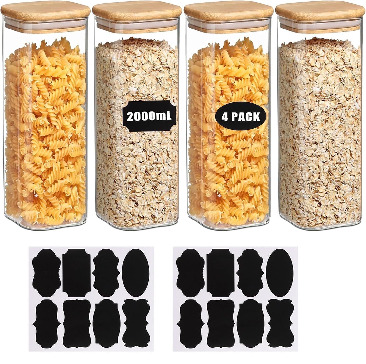 4 barattoli con coperchio, 2 l, in vetro con coperchio, ermetici, rettangolari con coperchio in legno, etichette e penna per pasta Cornflakes Spaghetti chicchi di caffè