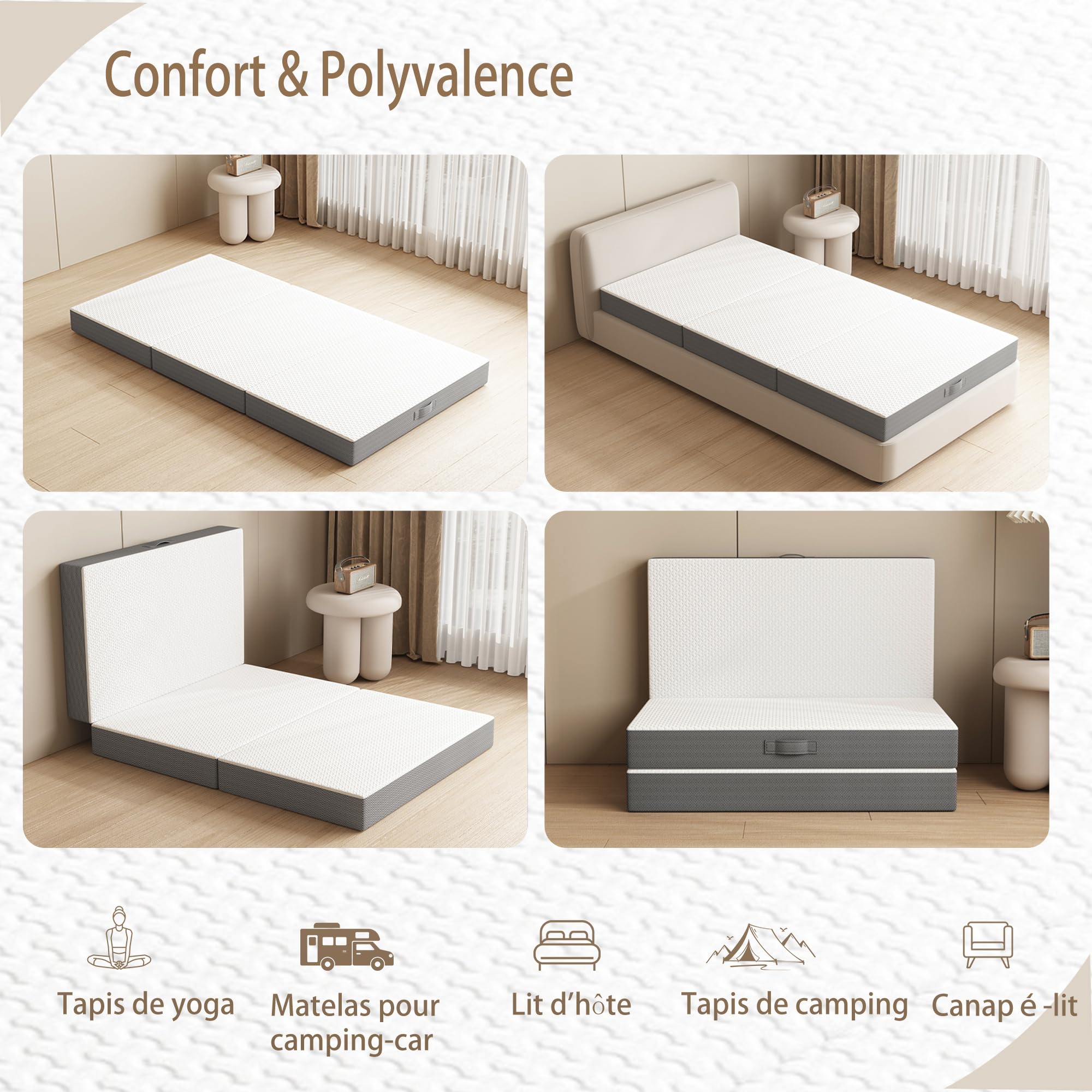 Matelas Pliable 1 Personne Adulte 90X200X10cm, Matelas d'Appoint Pliable en 3 Parties avec Housse Lavable de Sol pour Voiture, Camping, Voyage et Invités