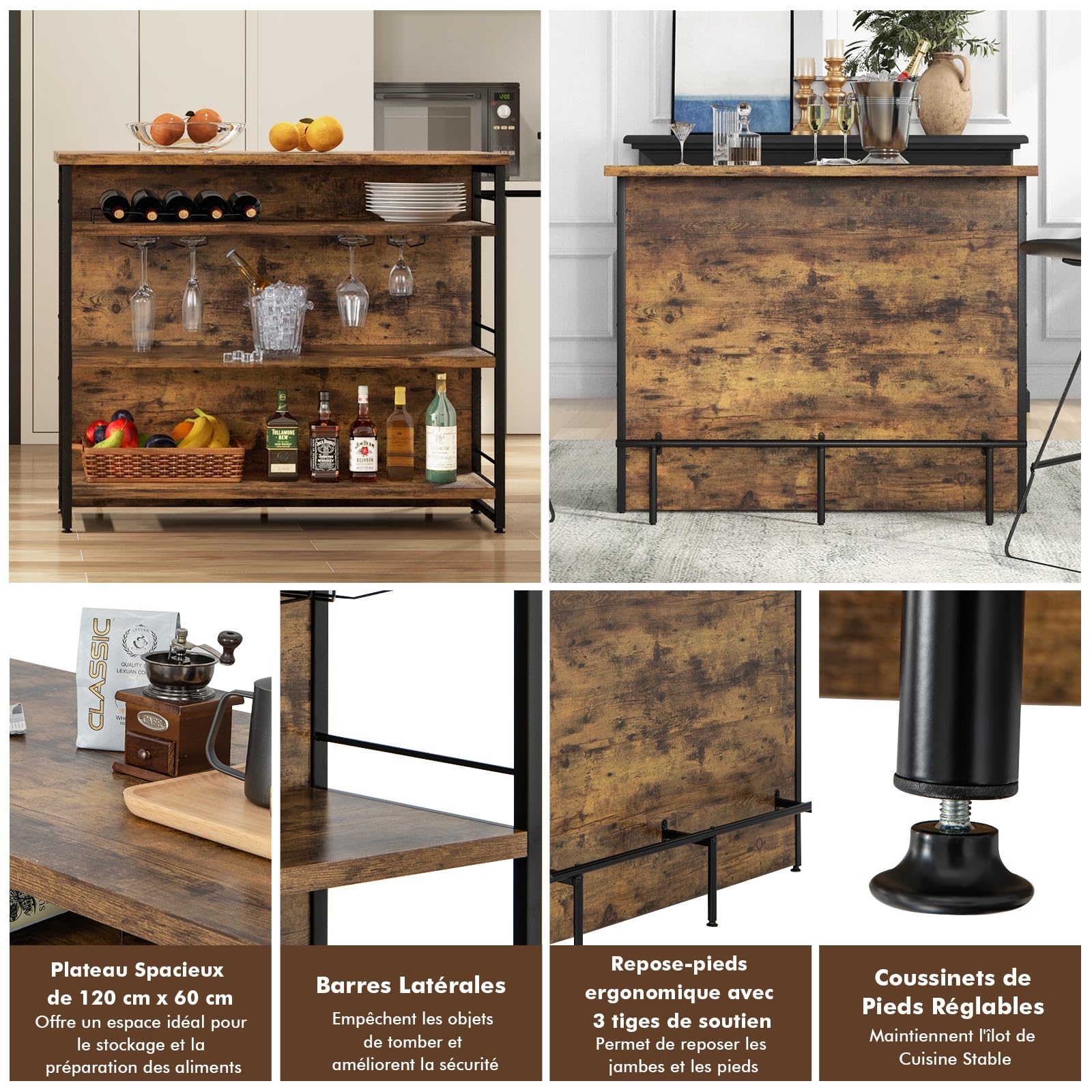 COSTWAY Ilot Central Industriel, Table de Bar à 4 Niveaux avec 3 Étagères Ouvertes, Casier à Vin et Supports pour Verres à Pied, Repose-Pieds, pour Bar, Cuisine, Salon, Marron Rustique