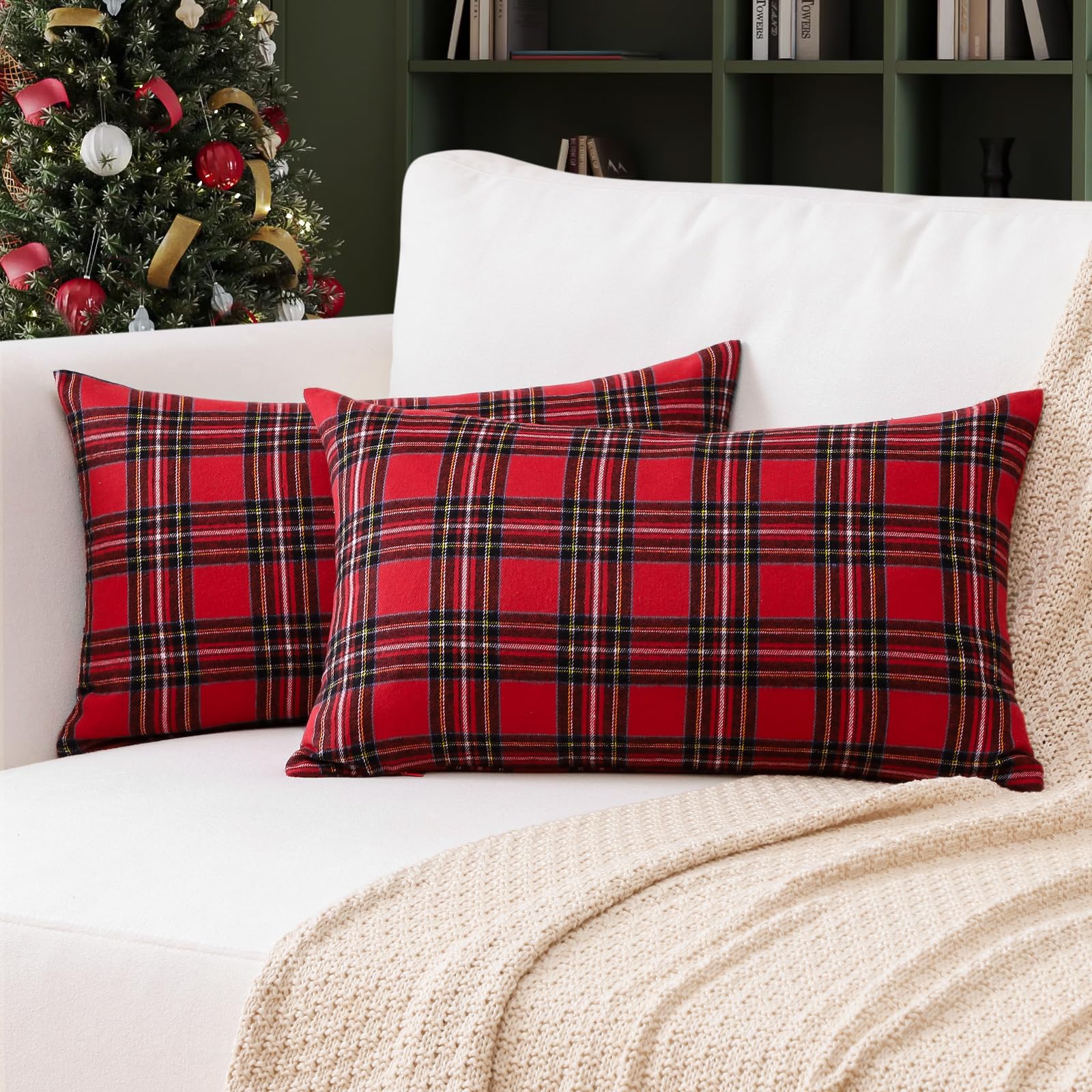 Ohok Juego de 2 fundas de cojín de Navidad, suaves y decorativas, modernas, decoración navideña, para sofá, salón, dormitorio (Escocia, rojo, 30 x 50 cm)