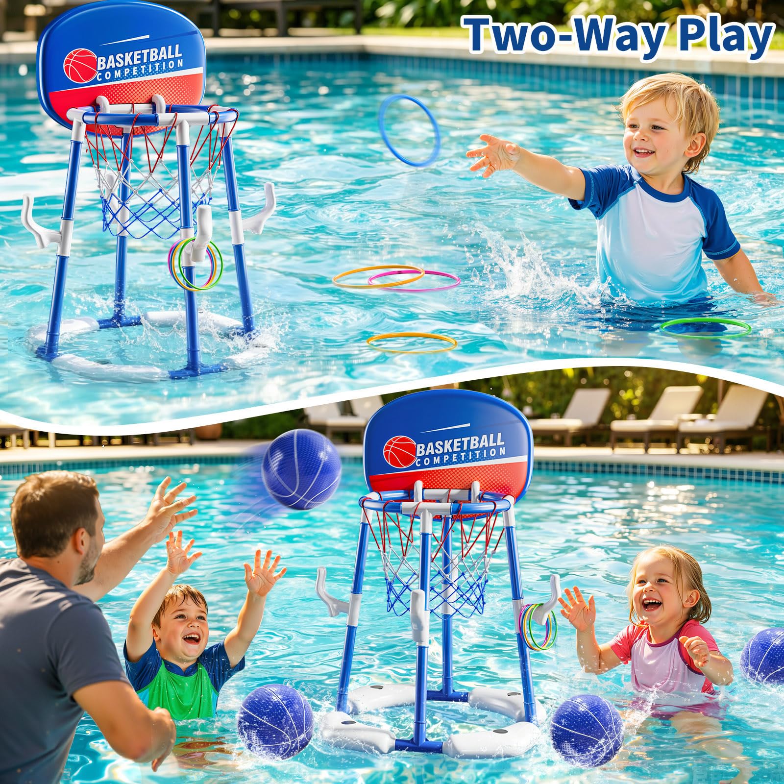 NIPLOOOW 2-in-1 Pool-Basketballkorb, schwimmendes Pool-Spielzeug mit 4 Bällen und 12 Ringwurfspiel für Kinder im Alter von 4–8 8–12 Jahren, Outdoor-Schwimmen, Wasser-Basketball für Pool, Familienparty