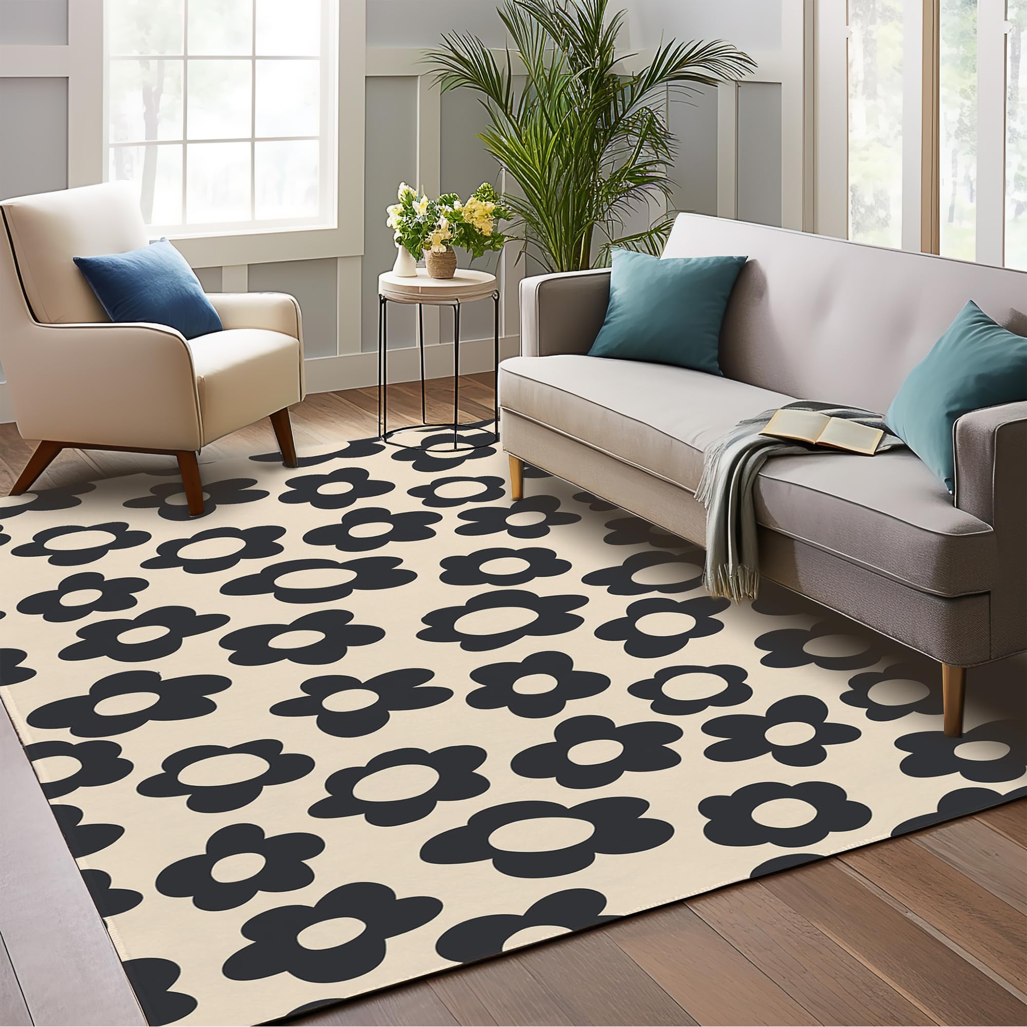 5x7 Abstract Black Groovy Flower Area Rug - Machine Washable, Non-Slip Low-Pile Carpet for Living Room, Bedroom, Laundry Room & Kitchen