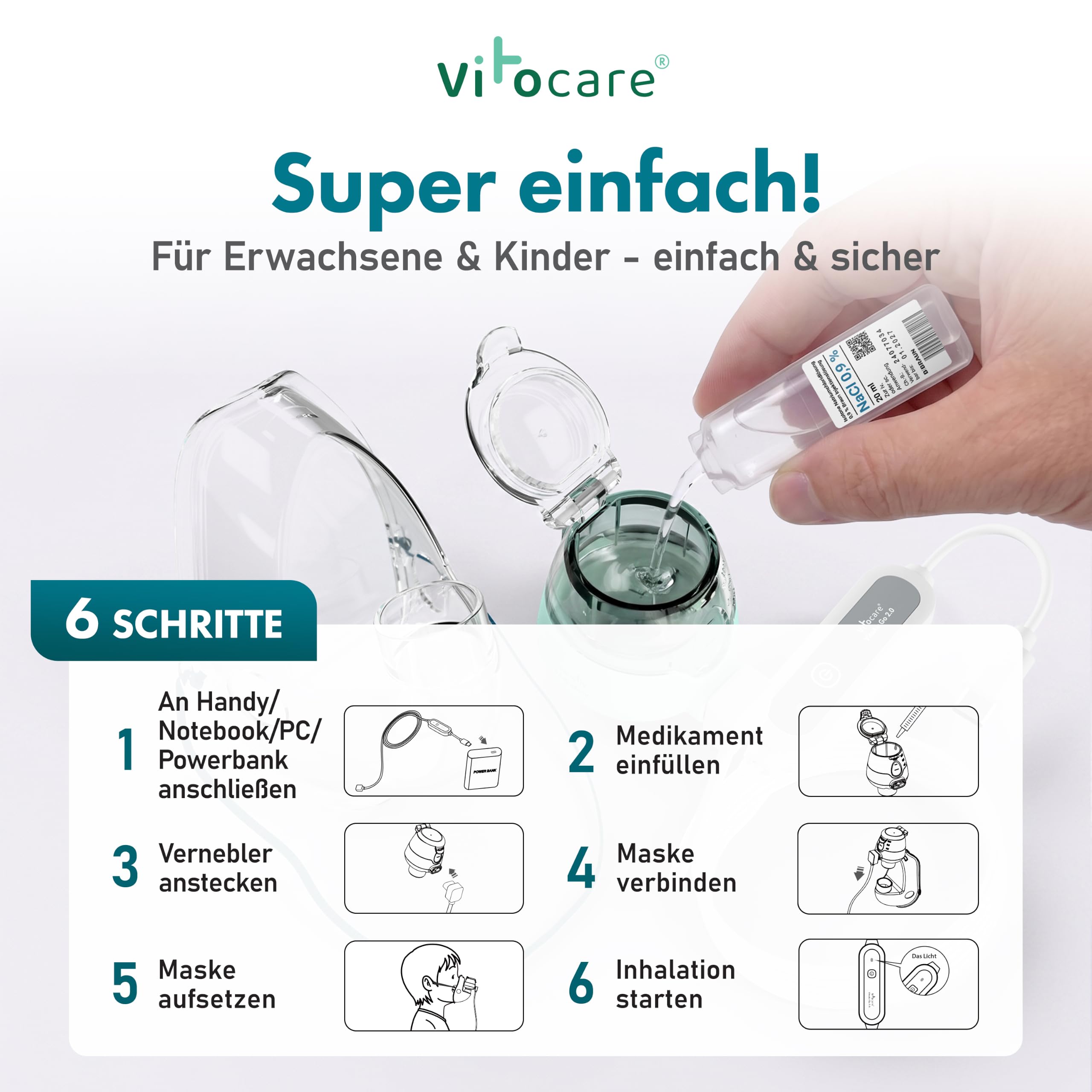 Inhalationsgerät Erwachsene & Kinder – vitocare VITOAIR Go 2.0 unltraleiser Inhalator mit 2 Masken-Größen, USB-C & USB, tragbares Inhaliergerät | Ultraleiser Betrieb, nur 19 g leicht 8 ml Behälterkapazität, sitzend oder liegend nutzbar, Reisebox inklusive