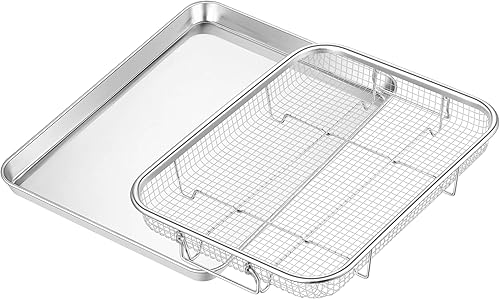 TeamFar Cesta para freidora de aire para horno, cesta y bandeja de freidora de aire de acero inoxidable de 12.5 x 9.6 pulgadas, estante para