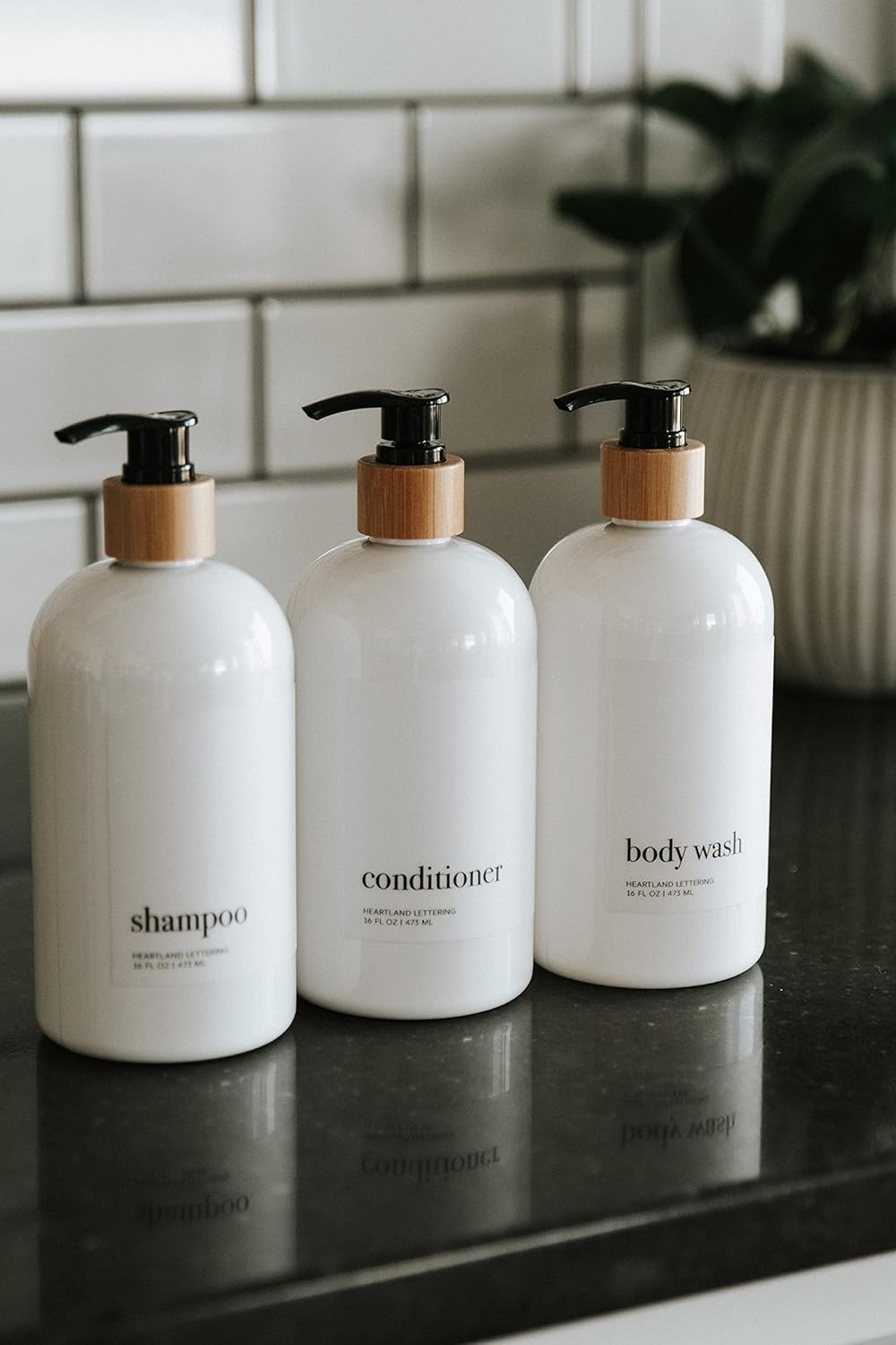 Plastic Shampoo and Conditioner with Bamboo Top Dispenser, Bamboo Bathroom Accessories, Shower Bottles Refillable with Labels, Set of 3 : Home & Kitchen