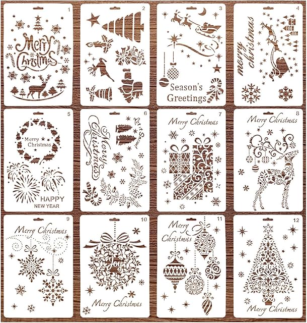berglink 12Pcs Christmas Craft StencilsChristmas Stencils Bullet Journal Templates Reusable Plastic for Painting Home Decoration and Handicraft Activities Craft Art Drawing