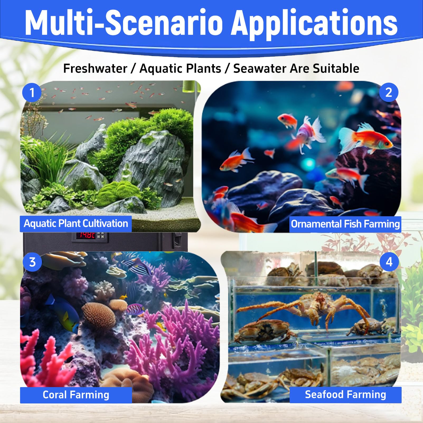 Aquarium-Kühler (160 l / 300 l / 500 l) für Aquarien und Hydroponik-Systeme – inklusive Tauchpumpe und Wasserschlauch – geeignet für Axolotl sowie Süß- und Meerwasseraquarien. 300L