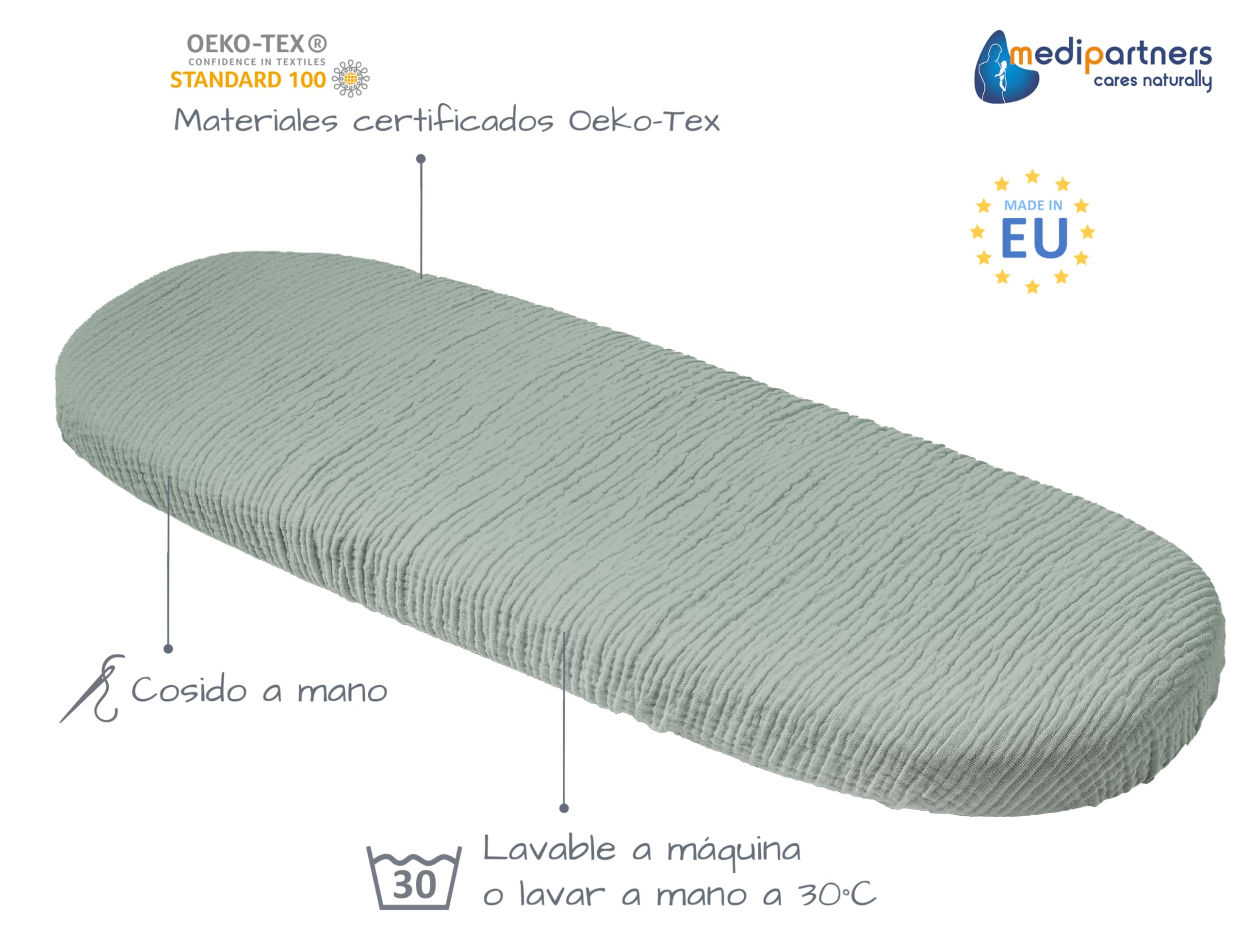 Medi Partners Sabanas Cuna Bebe 86x40 Sabana Bajera Capazo Set de 3 Funda Colchon Combiador para Carro - 100% Algodón Muselina Universal Minicuna Moises Sábanas Carrito (Oliva-Blanco-Gris)
