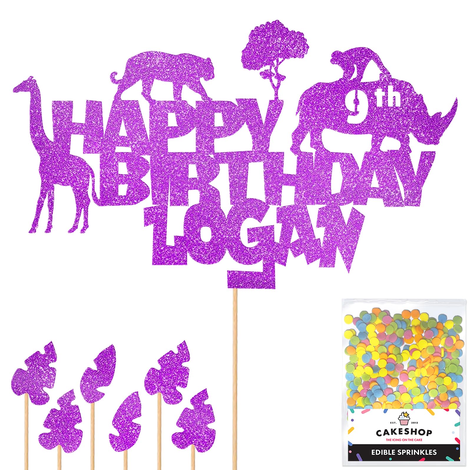 Personalised Jungle Animals Glitter Cake Topper- Purple Any Custom Age & Name Glitter Cake Decoration and Sprinkles - Happy Birthday Decorations - Personalised Toppers for Cakes by Cakeshop