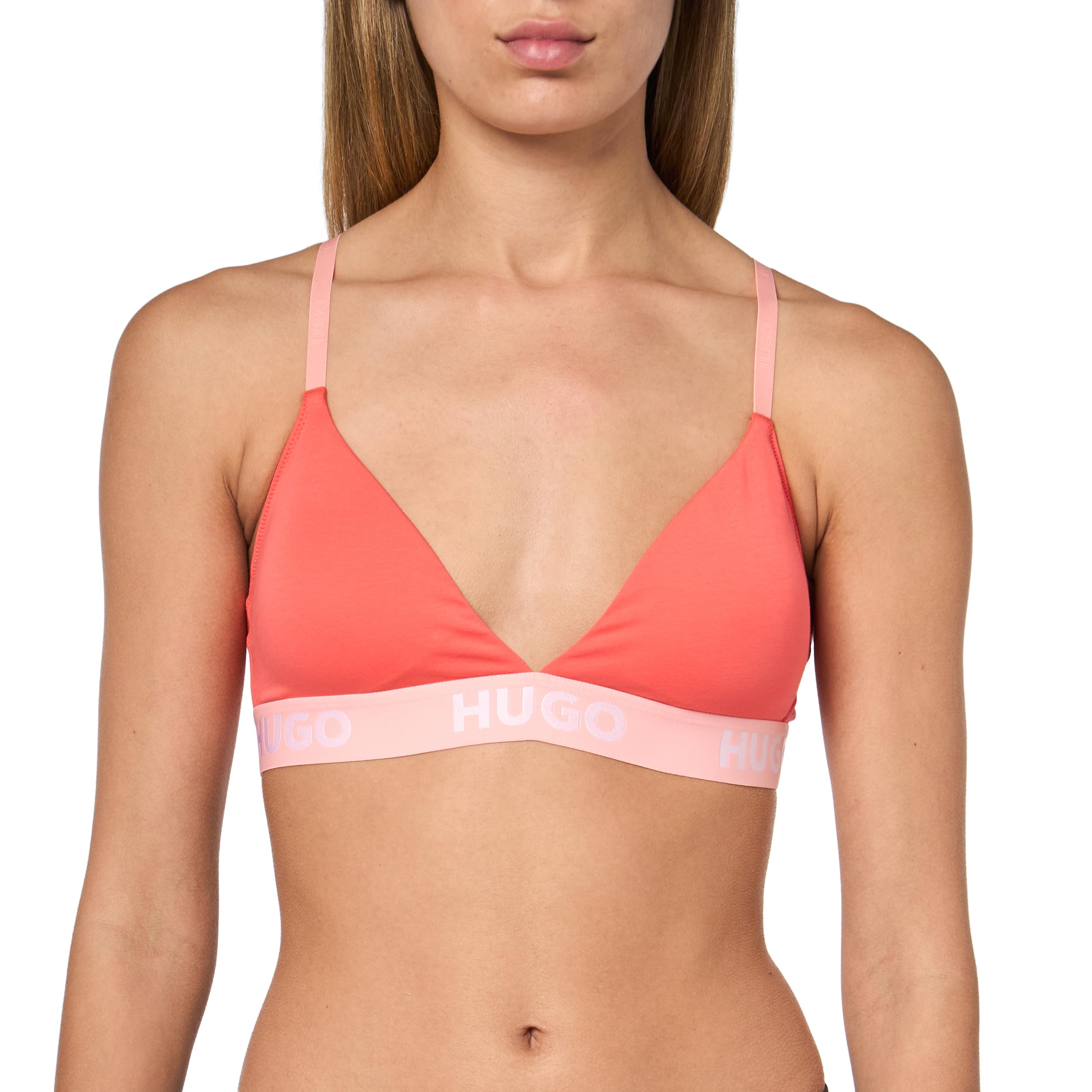 Hugo Women's Peach Pink Repeat Logo Lace Triangle Bralette Bra, M