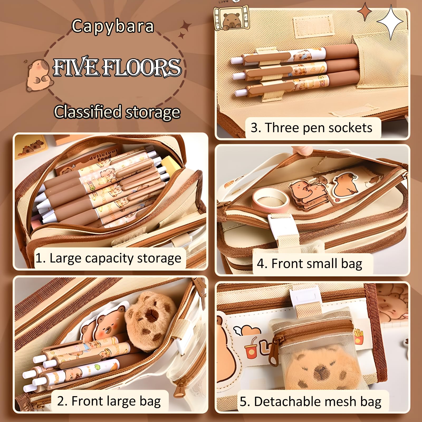 JYJLLM Capybara 5-Layer Mesh Zipper Pencil Case (12x22cm), Large Capacity Organizer for Pen Collection Artists - Image 3